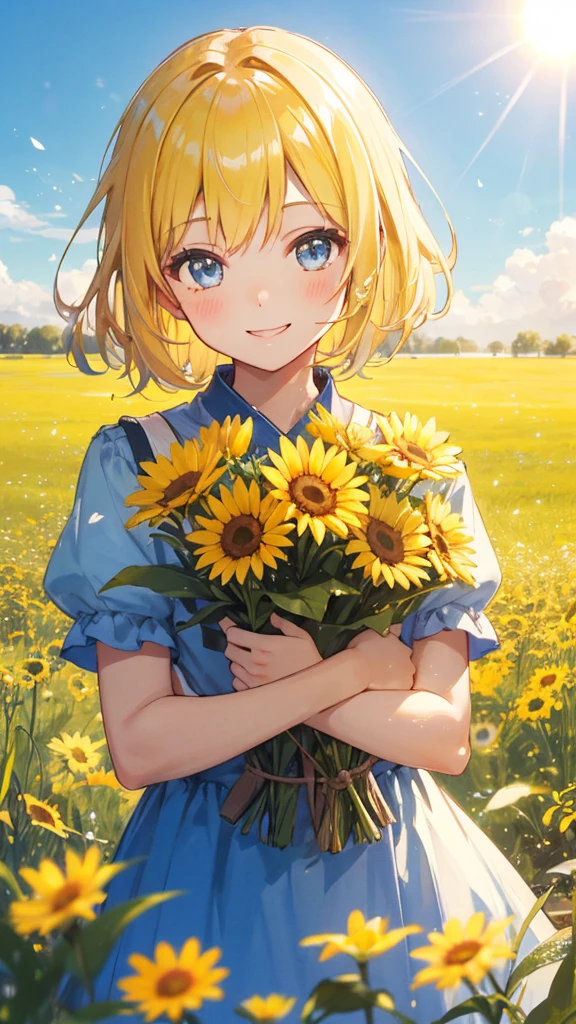 1 girl, Upper Body, Single focus, The beauty of light, sun主题的服装, Happy smile, (Sunny meadow: 1.4), (Happiness shines: 1.3), sun能特征, Joyful atmosphere, [Depth of Field, 环境illumination, Sunlit grass foreground, Background is the sunshine of happiness], sun, illumination, Happiness and vitality, (Bright sunshine), (Flower Road: 1.2), Intricate details, 增强illumination.