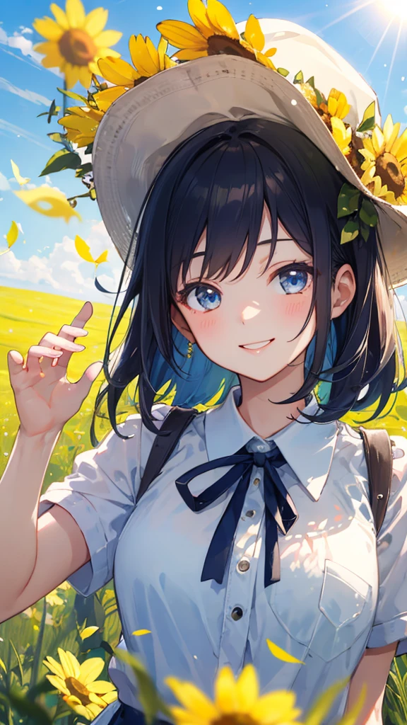 1 girl, Upper Body, Single focus, The beauty of light, sun主题的服装, Happy smile, (Sunny meadow: 1.4), (Happiness shines: 1.3), sun能特征, Joyful atmosphere, [Depth of Field, 环境illumination, Sunlit grass foreground, Background is the sunshine of happiness], sun, illumination, Happiness and vitality, (Bright sunshine), (Flower Road: 1.2), Intricate details, 增强illumination.