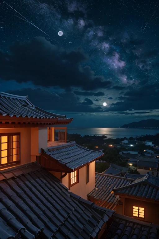 Orange tile roof、The building is one story。Beautiful moonlight。The mountain is not visible、You can see the ocean。The sky is full of stars