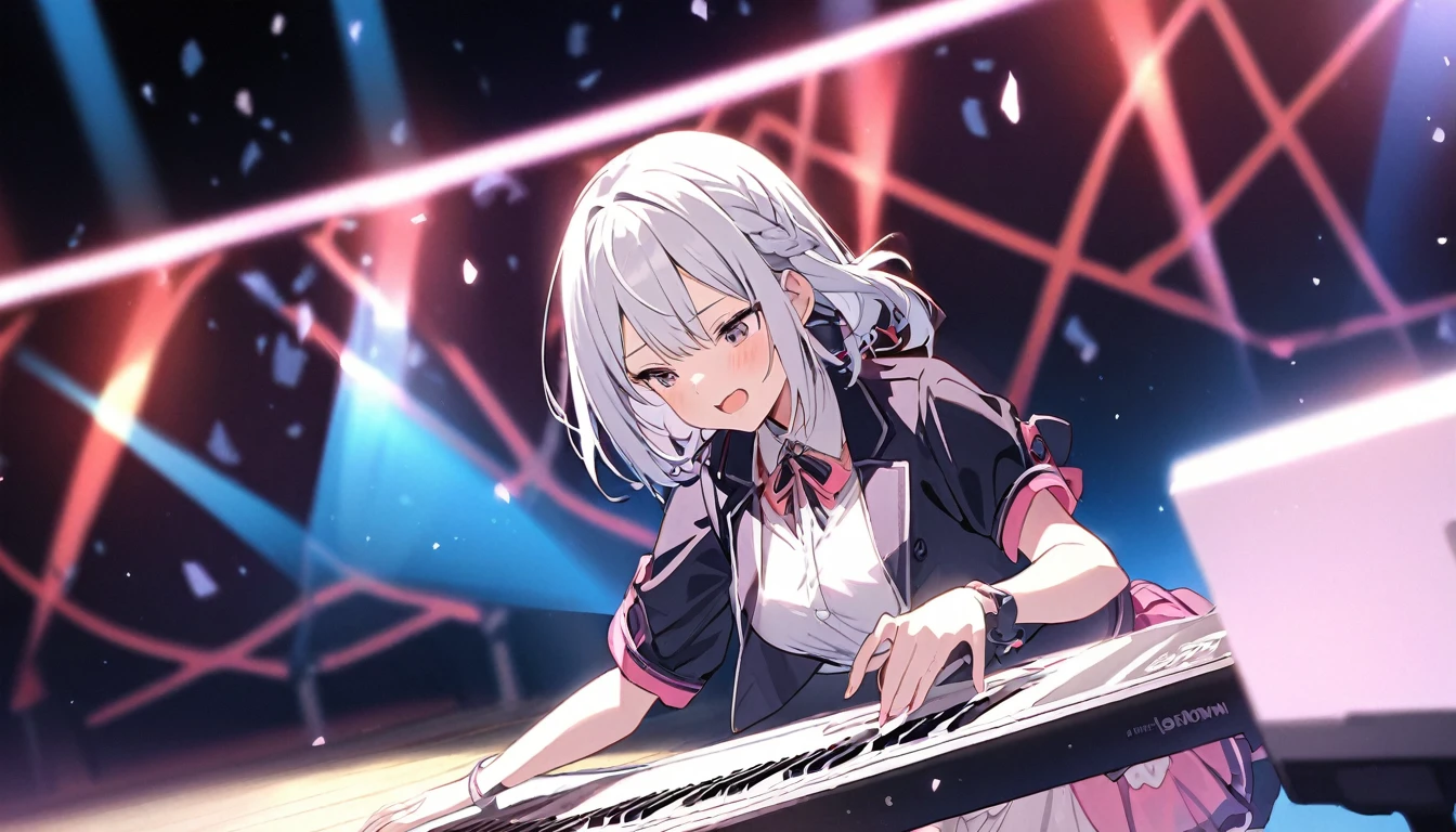 ((masterpiece)), ((highest quality)), ((High resolution)), ((Highly detailed CG Unity 8K wallpaper)), irie miyuki, , Lavender skirt, white socks, holding a stick in both hands、Drumming、Live venue