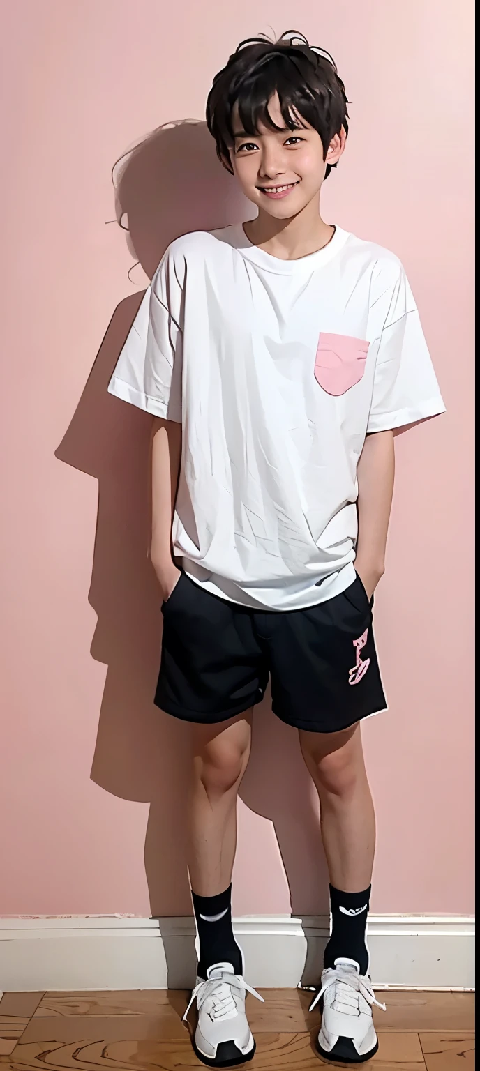 ((The cutest high school boy in Japan))、(())((Short height))、((Timid, worried brow))、((Wearing a white T-shirt))、((Simple pink wall background))、((Black hair mash))、((Full body photo))、((With an embarrassed smile))