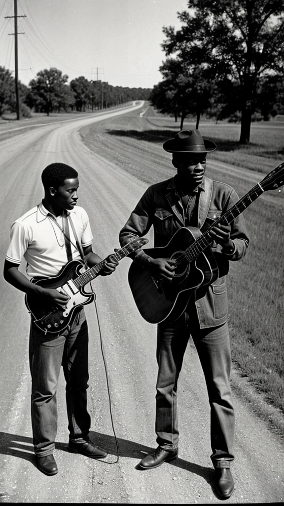 Two black men, one of them with your guitar, at dusty crossroad talking in Mississipi, 1930
