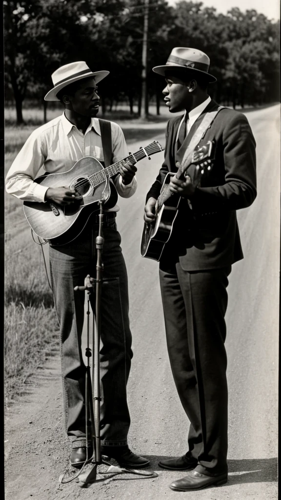 Two black men, one of them with your guitar, at dusty crossroad talking in Mississipi, 1930
