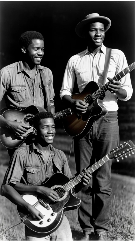 Two black men, one of them with your guitar, at dusty crossroad talking in Mississipi, 1930