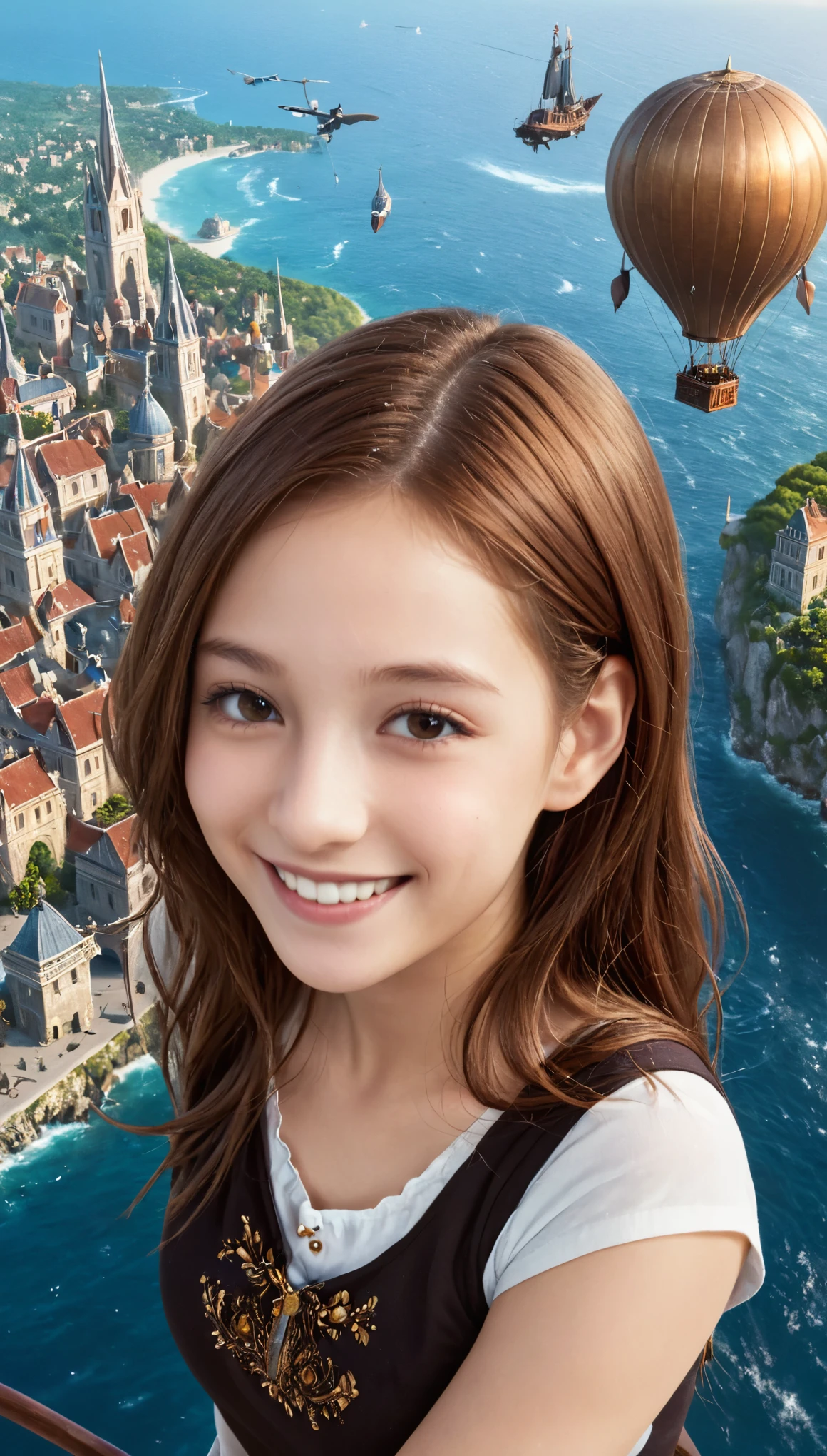Many islands are floating in the air, A small airship is flying around, City, Fantasy, Extreme Detail, Realistic Light, A magnificent composition, (Intricate details), (Intricate Design, Super detailed :1.2), Art Station, (masterpiece, Highest quality), Ultra HD, 32K (Close-up portrait of 16yo beautiful girl is smiling at viewers:1.1)