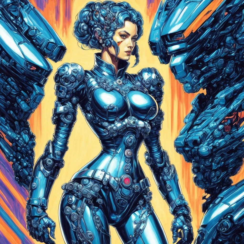 photo, a painting of a woman in a futuristic suit (mecharoboto style:1) 