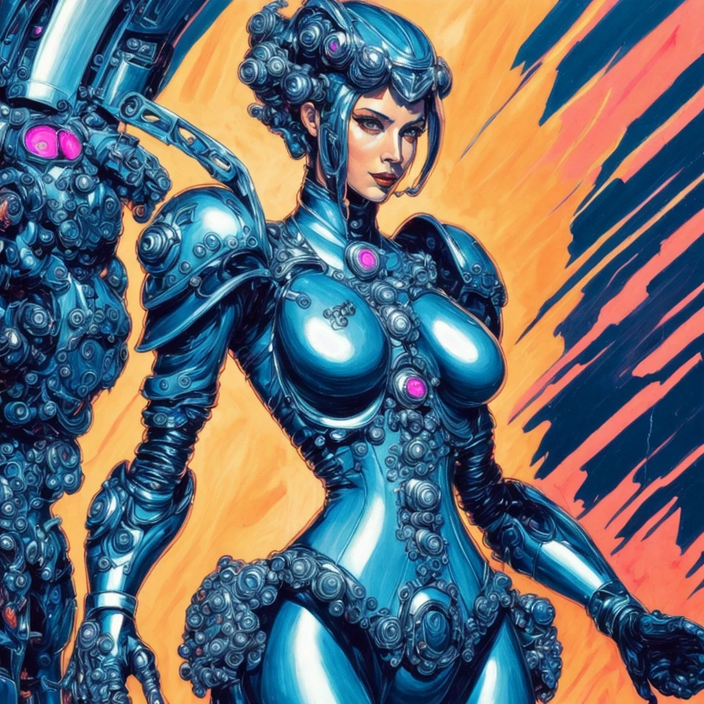 photo, a painting of a woman in a futuristic suit (mecharoboto style:1) 