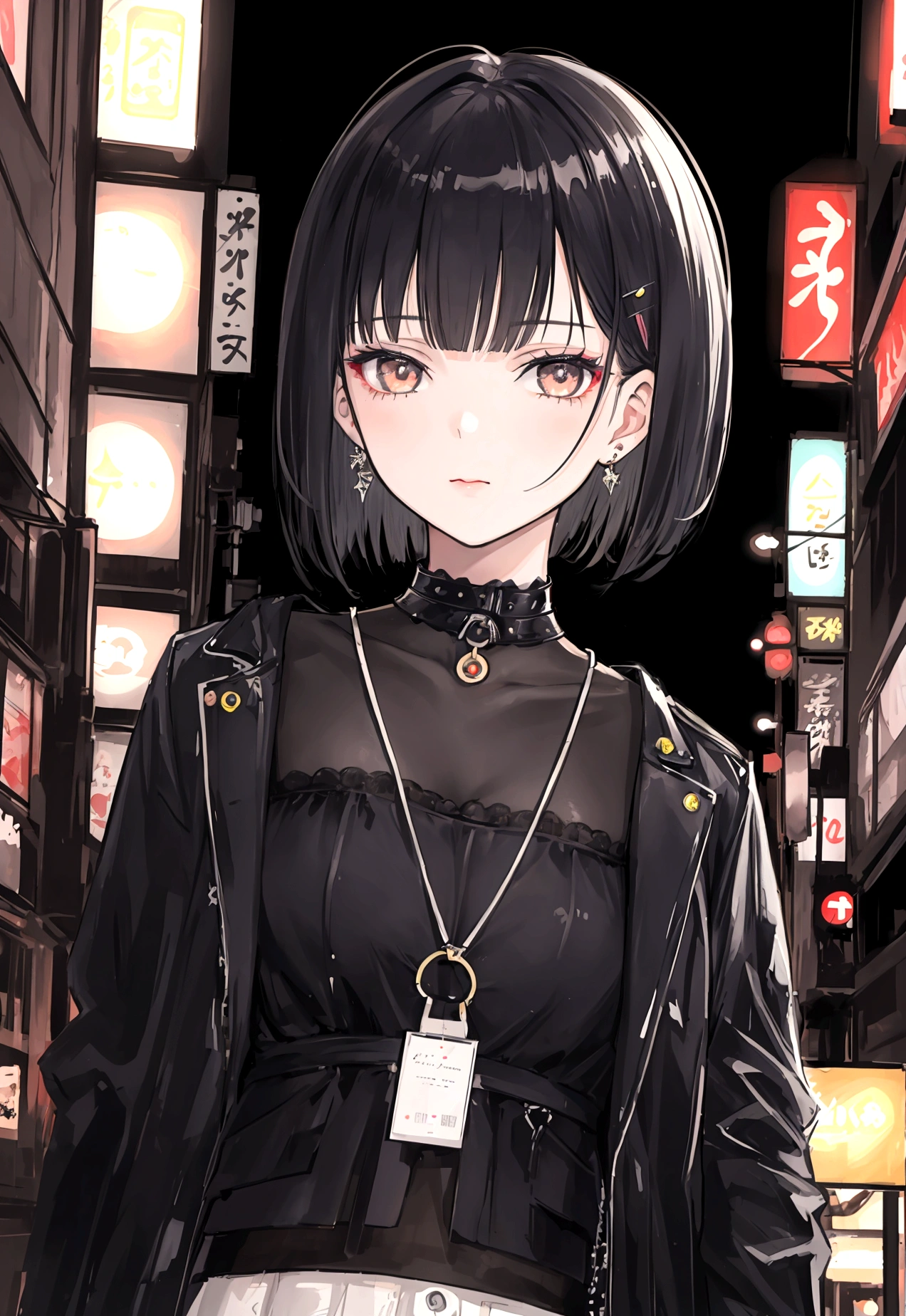 cinematic realistic portrait of a young girl, adolescent, caucasiana, fly away, modern casual dark clothes, alternative style, dolce, nice, Beautiful woman, short hair with bangs, honey eyes, Nightlife in Tokyo, neon lights