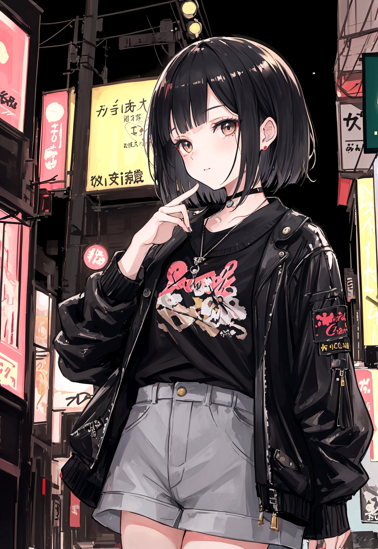 cinematic realistic portrait of a young girl, adolescent, caucasiana, fly away, modern casual dark clothes, alternative style, dolce, nice, Beautiful woman, short hair with bangs, honey eyes, Nightlife in Tokyo, neon lights