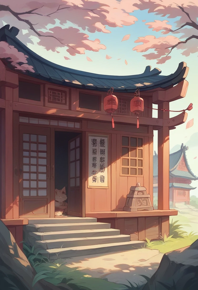 RPG、Fantasy、Cat ear、The lucky cat is located in a circular thatched hut., Chinese Ancient Building Accessories, Cherry tree, Pasture, rockery