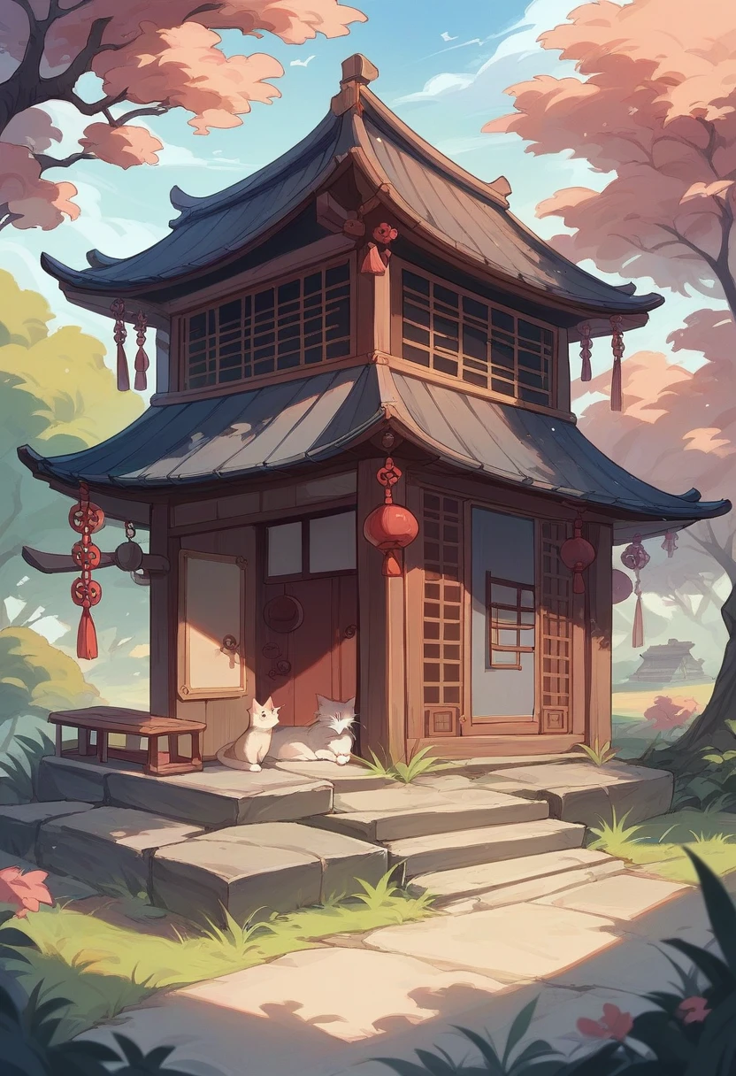 RPG、Fantasy、Cat ear、The lucky cat is located in a circular thatched hut., Chinese Ancient Building Accessories, Cherry tree, Pasture, rockery