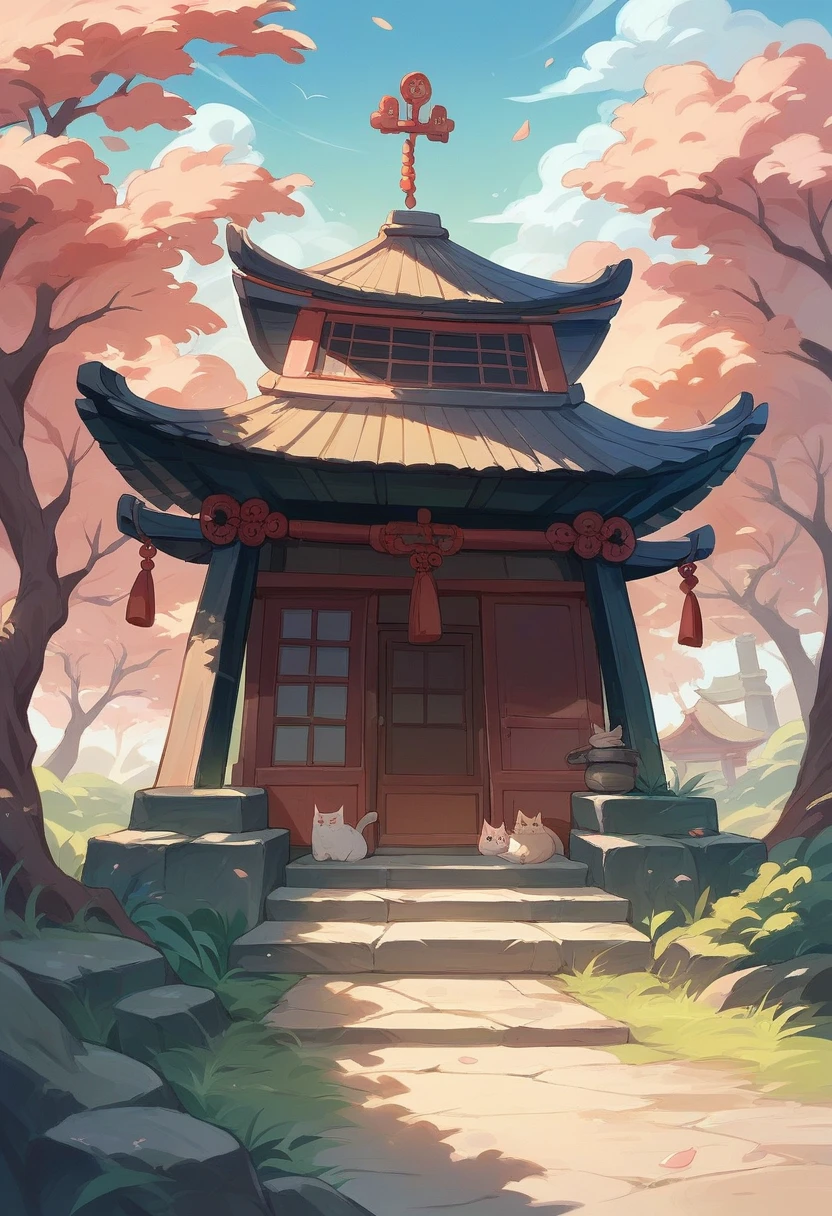RPG、Fantasy、Cat ear、The lucky cat is located in a circular thatched hut., Chinese Ancient Building Accessories, Cherry tree, Pasture, rockery