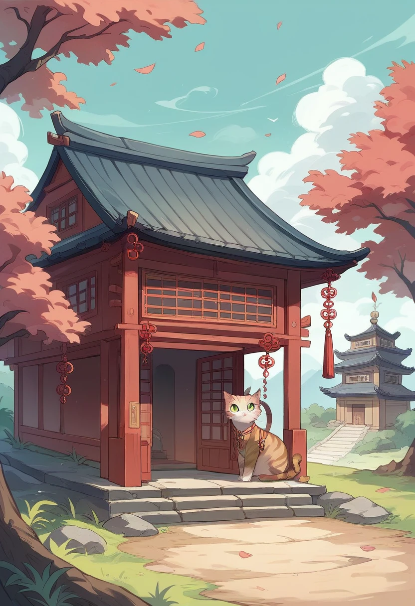 RPG、Fantasy、Cat ear、The lucky cat is located in a circular thatched hut., Chinese Ancient Building Accessories, Cherry tree, Pasture, rockery