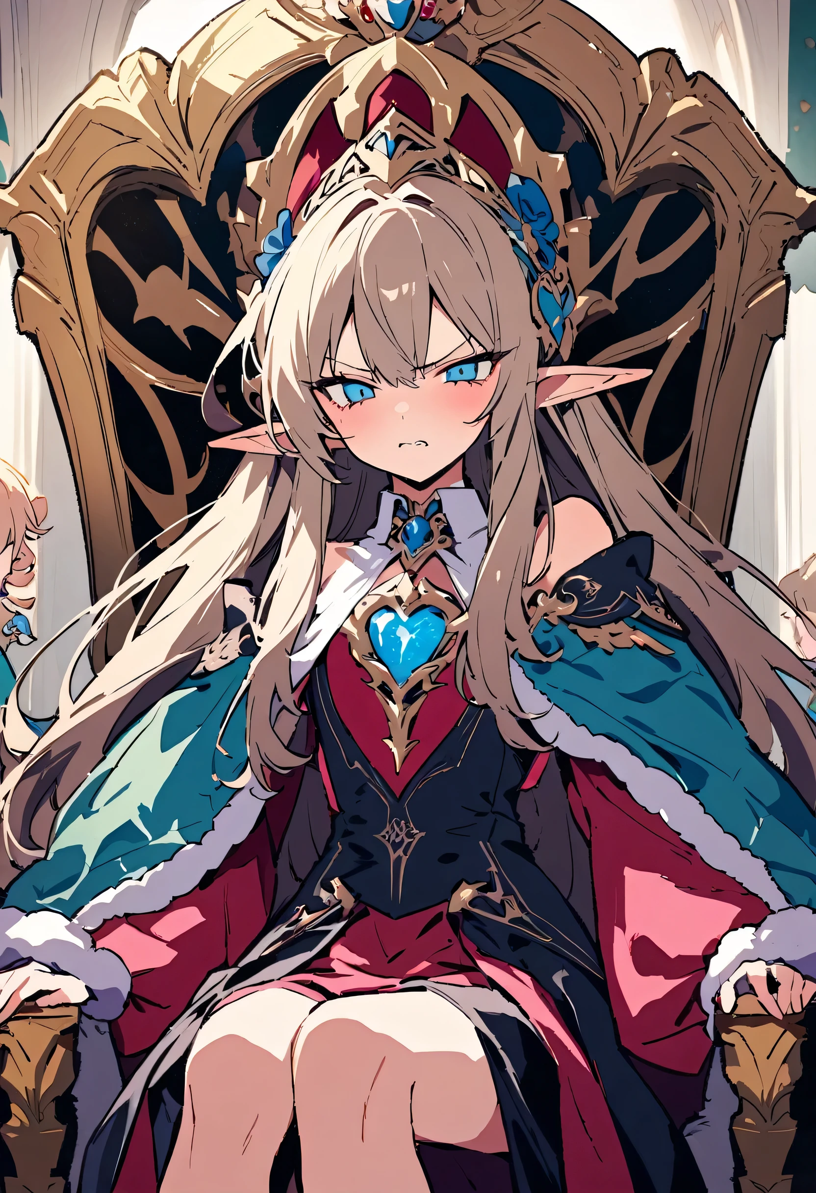 masterpiece, Highest quality, Illustration of the novel, High resolution, 18+ Adult content, Sensual, Intimate, Emotional, Passionate, romantic, sweet, Adorable, Innocent, Pure, charmな, charmな, charm, mysterious, charmな, charmな, Immersive, charmな, dream-like, Surreal, Imaginative, Whimsical, Artistic, Avant-garde, timeless, elegant, Sophisticated, chic, Sophisticated, Personality, original, charmな,(( Elf:1.3)),((A look of disgust:1.3))、Upper Body,((Throne of Power,Throne of Power:1.3))
