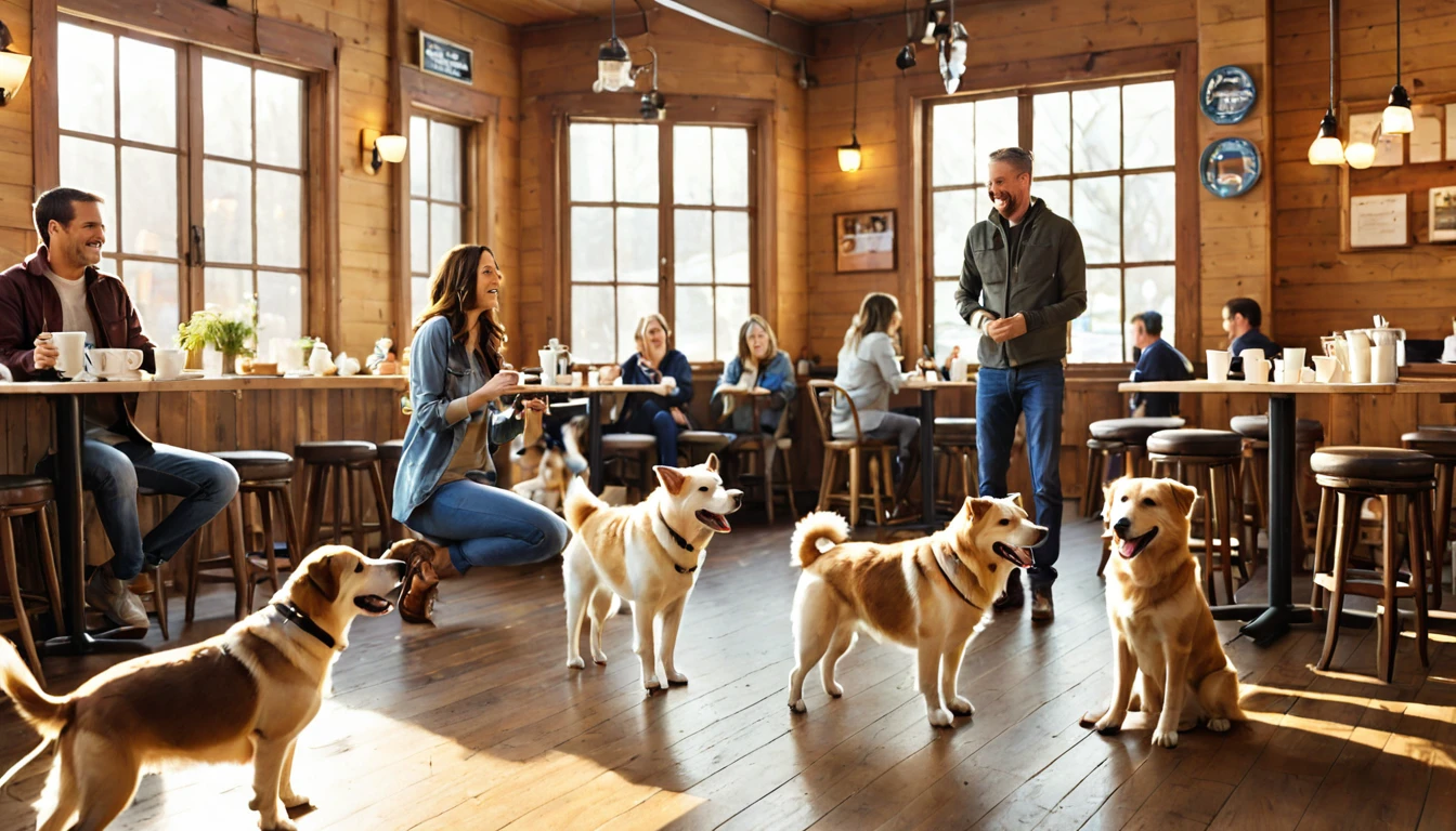 A warm and inviting scene at the dog cafe 'Wonderful Wanda'. A smiling couple in their 30s entering the cafe, greeted enthusiastically by various breeds of dogs. The cafe interior is cozy with wooden furnishings and soft lighting. Multiple dogs of different sizes and breeds running towards the couple, tails wagging excitedly. Some dogs are jumping up to greet them, while others are circling their feet. The couple is kneeling down, petting and hugging the dogs with big smiles on their faces. Other cafe patrons in the background are also smiling at the heartwarming reunion. Sunlight streaming through large windows, highlighting the joyful atmosphere. Coffee cups and dog treats visible on nearby tables. The cafe logo 'Wonderful Wanda' visible on a wall or menu board. The overall scene exudes happiness, warmth, and the special bond between humans and dogs.
