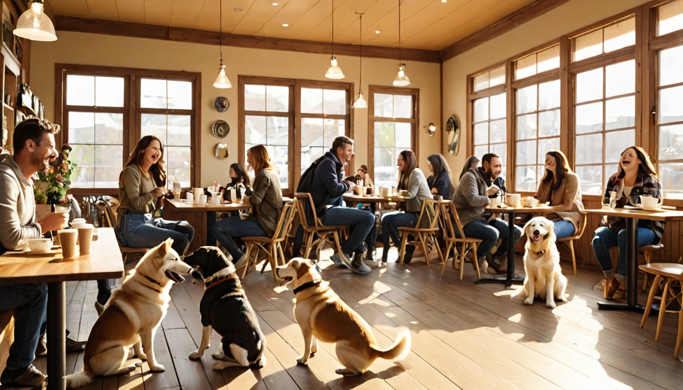 A warm and inviting scene at the dog cafe 'Wonderful Wanda'. A smiling couple in their 30s entering the cafe, greeted enthusiastically by various breeds of dogs. The cafe interior is cozy with wooden furnishings and soft lighting. Multiple dogs of different sizes and breeds running towards the couple, tails wagging excitedly. Some dogs are jumping up to greet them, while others are circling their feet. The couple is kneeling down, petting and hugging the dogs with big smiles on their faces. Other cafe patrons in the background are also smiling at the heartwarming reunion. Sunlight streaming through large windows, highlighting the joyful atmosphere. Coffee cups and dog treats visible on nearby tables. The cafe logo 'Wonderful Wanda' visible on a wall or menu board. The overall scene exudes happiness, warmth, and the special bond between humans and dogs.