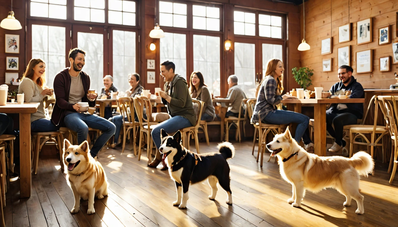 A warm and inviting scene at the dog cafe 'Wonderful Wanda'. A smiling couple in their 30s entering the cafe, greeted enthusiastically by various breeds of dogs. The cafe interior is cozy with wooden furnishings and soft lighting. Multiple dogs of different sizes and breeds running towards the couple, tails wagging excitedly. Some dogs are jumping up to greet them, while others are circling their feet. The couple is kneeling down, petting and hugging the dogs with big smiles on their faces. Other cafe patrons in the background are also smiling at the heartwarming reunion. Sunlight streaming through large windows, highlighting the joyful atmosphere. Coffee cups and dog treats visible on nearby tables. The cafe logo 'Wonderful Wanda' visible on a wall or menu board. The overall scene exudes happiness, warmth, and the special bond between humans and dogs.