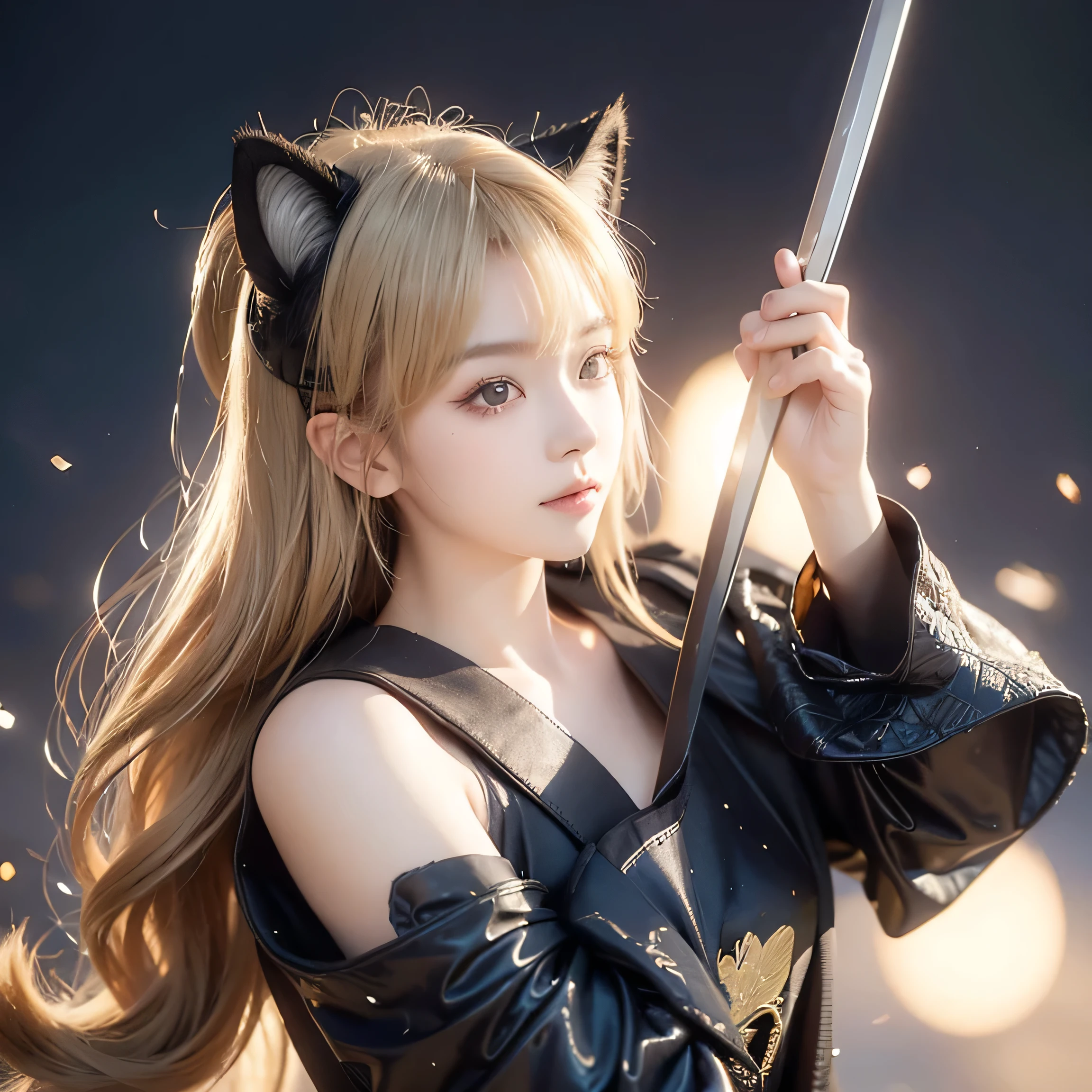 /imagine prompt: Highest quality, highest quality, High-quality illustrations, masterpiece, Ultra-high resolution, Detailed Background, night scene, very beautiful 7+ year old girl with absurdly beautiful face and eyes, perfect anatomy, excellent performance, good lighting, shadows like in movies, kemono, Furry Personification, panda-themed girl, blonde hair, wearing cat ears (Put on cat ears), dressed in Japanese heritage samurai armor and helmet (Samurai armor and helmets of Japan heritage), holding a Japanese sword, poised as if striking (Feeling like being slashed by a Japanese sword), various poses, dynamic angles