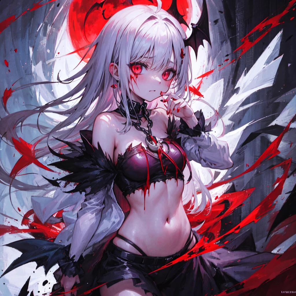 His chest was covered in blood、Anime girl with blood dripping from her chest, Gothic girl anime girl, gapmoe Yandere grimdark, Devil anime girl, Shatia Bradfren, Bad guy anime 8k, Yandere intricate, portrait gapmoe Yandere grimdark, Vampire Girl, bloody + Concept Art, Yandere, Anime style 4k, Detailed digital anime art，Devil Wings，Bat Wings，Splashed blood，Red Moon