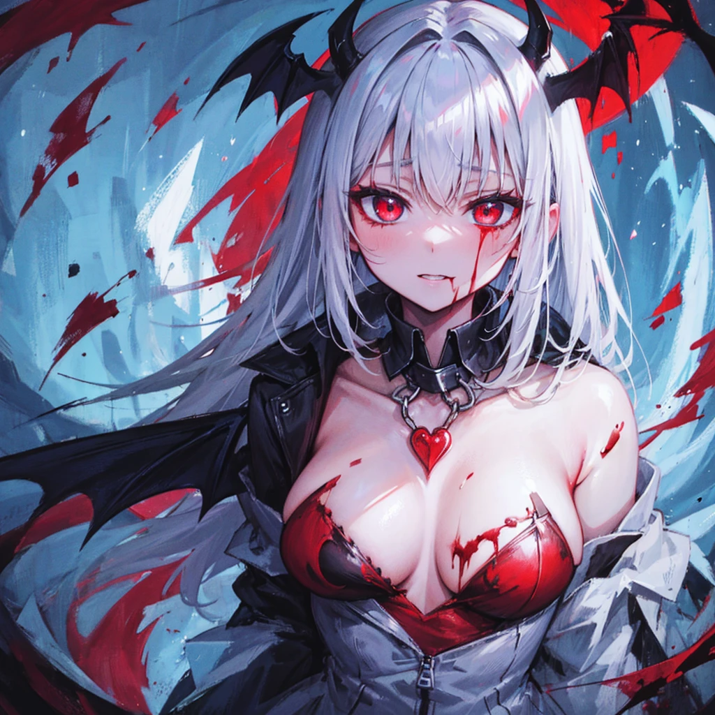 His chest was covered in blood、Anime girl with blood dripping from her chest, Gothic girl anime girl, gapmoe Yandere grimdark, Devil anime girl, Shatia Bradfren, Bad guy anime 8k, Yandere intricate, portrait gapmoe Yandere grimdark, Vampire Girl, bloody + Concept Art, Yandere, Anime style 4k, Detailed digital anime art,Devil Wings,Bat Wings,Splashed blood,Red Moon