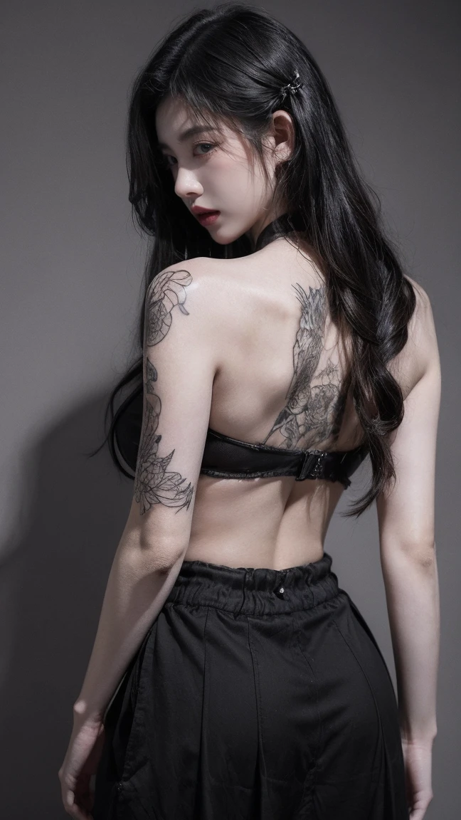 21yo girl,black hair,long hair,(intricate detailed and vibrant irezumi tattoo on back body),(tatto),(tatto on back body), wearing black t-shirt, black long skirt, natural big breast, show big thigh, plump body,single sidelock hairpin blush modern cinematic lighting,ray tracing,drop shadow wide shot UHD,textured skin,high details,(below 1.2),best quality 4K