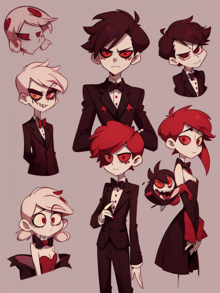 1male, character design sheet for a male character, hazbin hotel, red palette
