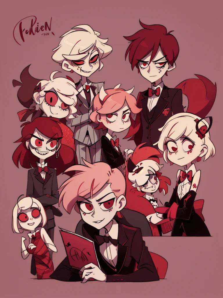 1male, character design sheet for a male character,  hazbin hotel, red palette