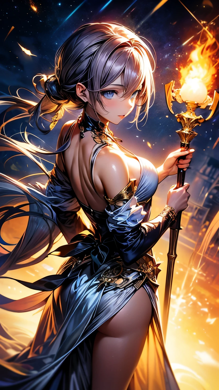 8K resolution, masterpiece, Highest quality, Award-winning works, unrealistic, From above, erotic, Only sexy women, healthy shaped body, 22 years old, Black Mage, Height: 165cm, Large, firm, swaying bust,, emerald green long hair, twin pony tail, Detailed facial depiction, break, Mysterious blue eyes, Standard nose, eyeliner, Pink Lips, Sexy long legs, Transparent muscle, holy knight, Gothic ruffle long dress, A dress with a complex structure, Seven colourful dresses, Clothed in flames, royal coat of arms, elegant, Very detailed, Delicate depiction of hair, Miniature Painting, Digital Painting, artステーションコンセプトart, Smooth, Sharp focus, shape, artジャム、Greg Rutkowski、Alphonse Mucha、William Adolphe Bouguereau、art:Stephanie Law , Royal Jewel, nature, Symmetric, Greg Rutkowski, Charlie Bowwater, unrealistic, Surreal, Dynamic Lighting, ファンタジーart, Complex colors, Colorful magic circle, flash, dynamic sexy pose, A kind smile, Mysterious Background, aura, A gentle gaze, break, Small faint lights and flying fireflies, night, lanthanum, 山の頂From above下界を見下ろす, Starry Sky, milky way, nebula, shooting star, A sacred staff that emits a brilliant light, Back view, Facing the camera