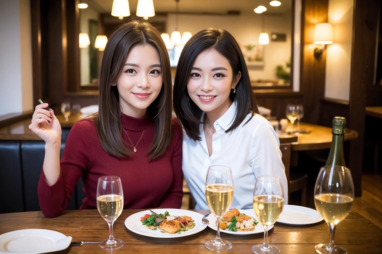((Highest quality、8K、masterpiece:1.3))、1 male 1 female、lover、Beautiful couple、Happy smile、full-course dinner、 (Slim face), (the body is スリム), (Brown Hair), (Shortcuts), ((Bob Hale、Straight hair:1.2)), テーブルの上のwine glass、Put the light on your face、 Amazing view of the sunset sky and clouds、The beauty of a smile、Bright image、Blushing, Shortcuts, (Age 35), 39 years old, Appetizers、Italian food、Wine bottle、Champagne、sparkling wine、Long sleeve shirt、dress、Attractive beauty、restaurant, Nova Frog Style, actress, model, Upper Body, White wine, red wine, wine glass,