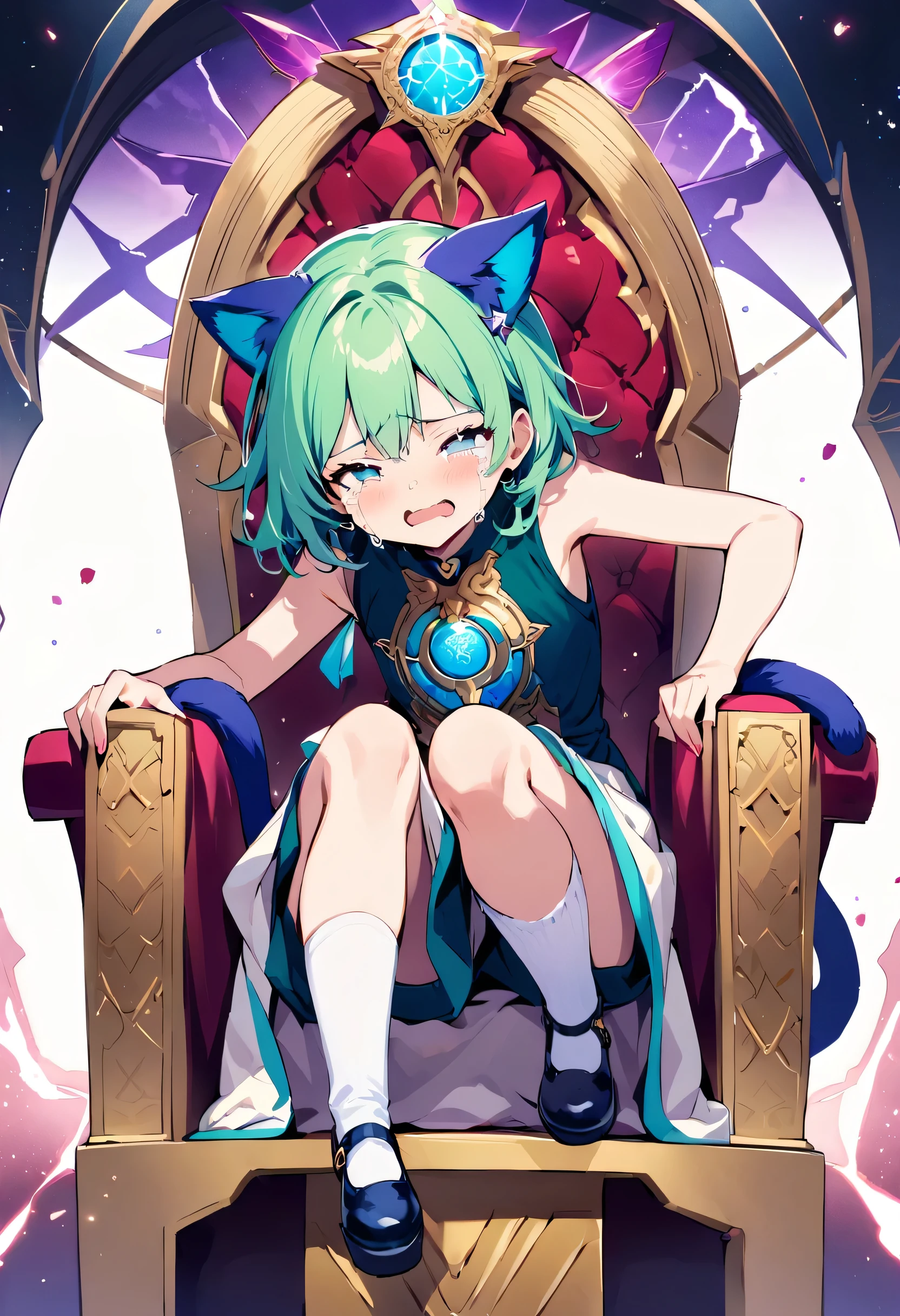 masterpiece, Highest quality, Illustration of the novel, High resolution, 18+ Adult content, Sensual, Intimate, Emotional, Passionate, romantic, sweet, Adorable, Innocent, Pure, Fascinating, Fascinatingな, Charm, mysterious, Fascinatingな, Fascinating, Immersive, Fascinatingな, dream-like, Surreal, Imaginative, Whimsical, Artistic, Avant-garde, timeless, elegant, Sophisticated, chic, Sophisticated, personality, original, Fascinatingな,One Girl,Deltamon_beta, alone, blue eyes, Knee socks, Animal ears, Bare shoulders, Blue Tail, Earrings,Removable sleeves, Green Hair, Sleeveless, Cat ear, bag, white Knee socks, Cat'tail,pink backpack,Pink school bag,Lavender lace: Lavender Peter Pan collar lace dress, Paired with ivory tights and Mary Jane shoes.,Cherry-blossom viewing, azalea, satsuki, azalea blizzard,
rest ((Avoidance method ((子Cat)), Crying face)),((Throne of Power,Throne of Power:1.3))
