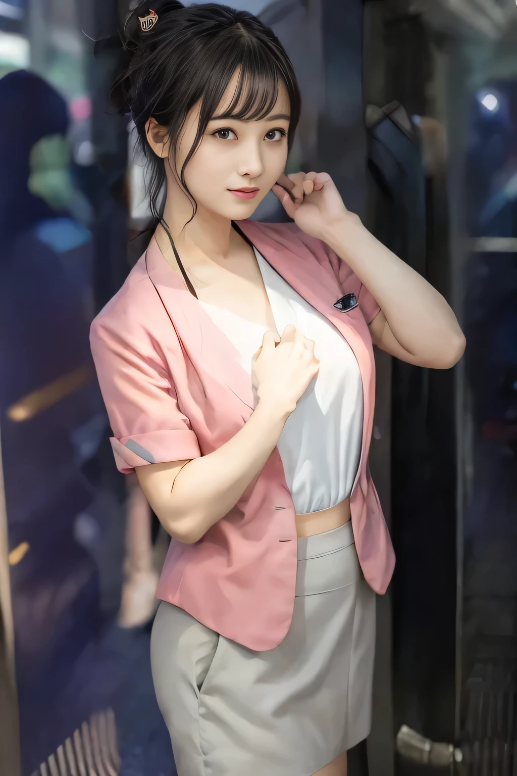 (masterpiece:1.2, Highest quality:1.2), 32k HDR, High resolution, (alone、1 girl)、 (Height: 160cm)、(On the rooftop of a building in the daytime、Professional Lighting)、Building rooftop background、(Nankai train crew uniform pinkを着たリアルスタイル)、(Nankai train crew uniform pink short sleeve collarless pink jacket、Nankai Train Crew Uniform Pink Collarless Short Sleeve Blouse、Nankai Train Crew Uniform Pink Grey Knee-length Culottes)、(The pink jacket is showing from the culottes.)、Dark brown hair、(Hair tied up、Hair tied up、Evening curly hairstyle)、Dark brown hair、Long Shot、Big Breasts、Thin legs、((Great hands:2.0)),((Harmonious body proportions:1.5)),((Normal limbs:2.0)),((Normal finger:2.0)),((Delicate eyes:2.0)),((Normal eyes:2.0)))、smile、(Nankai Train Crew Uniform Pink Grey Knee-length Culottesを見せた美しい歩く姿)、Place your hands around your stomach、Lanyard employee ID card