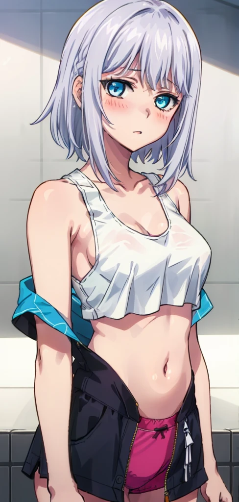 1 girl, kanon kanase,  , blush, medium breasts, sleeveless,((stylish outfit, cropped tank top, navel, panties)), 20-year-old, healthy skin. Upper_body. Silver hair. Multiple views. 