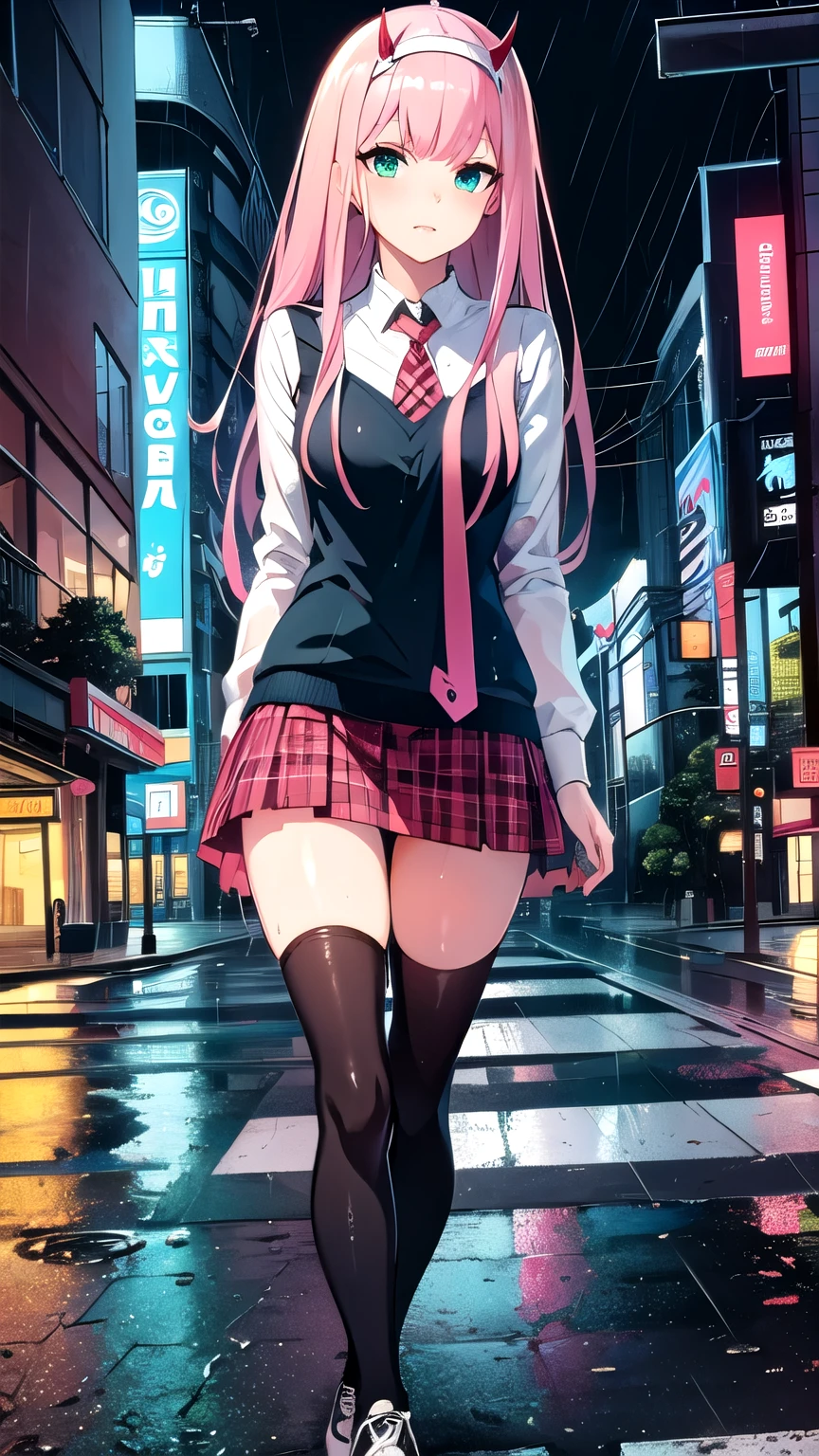 Masterpiece, top quality, best quality, official art, beautiful and aesthetic, anime, 1girl, Zero Two, extremely detailed, colorful, more detailed ((ultra-detailed)), (highly detailed CG illustration),horny,detailed face,pink hair, big green eyes,wet blouse,short skirt, in middle,skinny fit, small breasts,cleavege,street,night,cyberpunk,fullbody shot,stockings,rain,wet