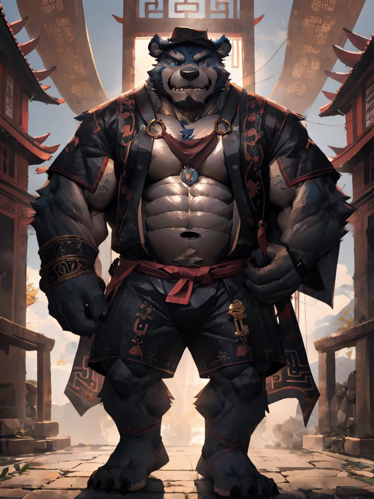 furry character，A very tall anf strong bear，He was bare-chested and wearing a pair of cloth shorts，he is a chinese bandit，With a fierce look on his face，he is middle age，The Bandit Stockade，ancient style，(perfect eyes:1.5)，by lindong