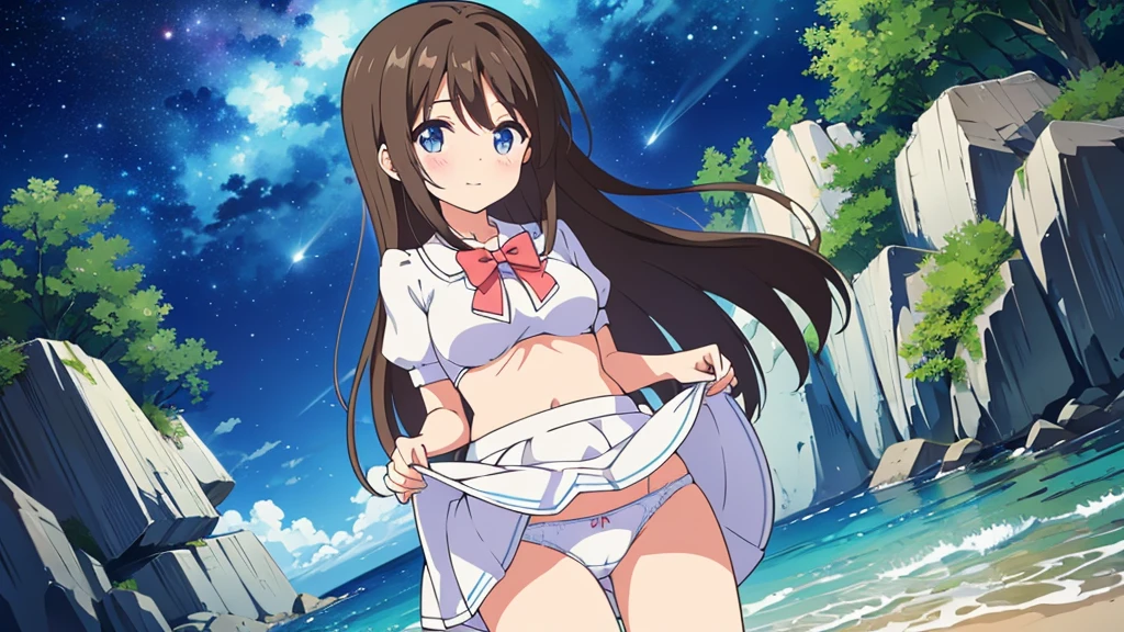 A nice white shirt that lets you see. 、Light blue flared skirt with ruffles、She lifts her skirt with both hands to show off her pretty white underwear.、Cute white underwear visible when you lift your skirt.、sandy beach, beautiful sea, night and starry sky small breasts 