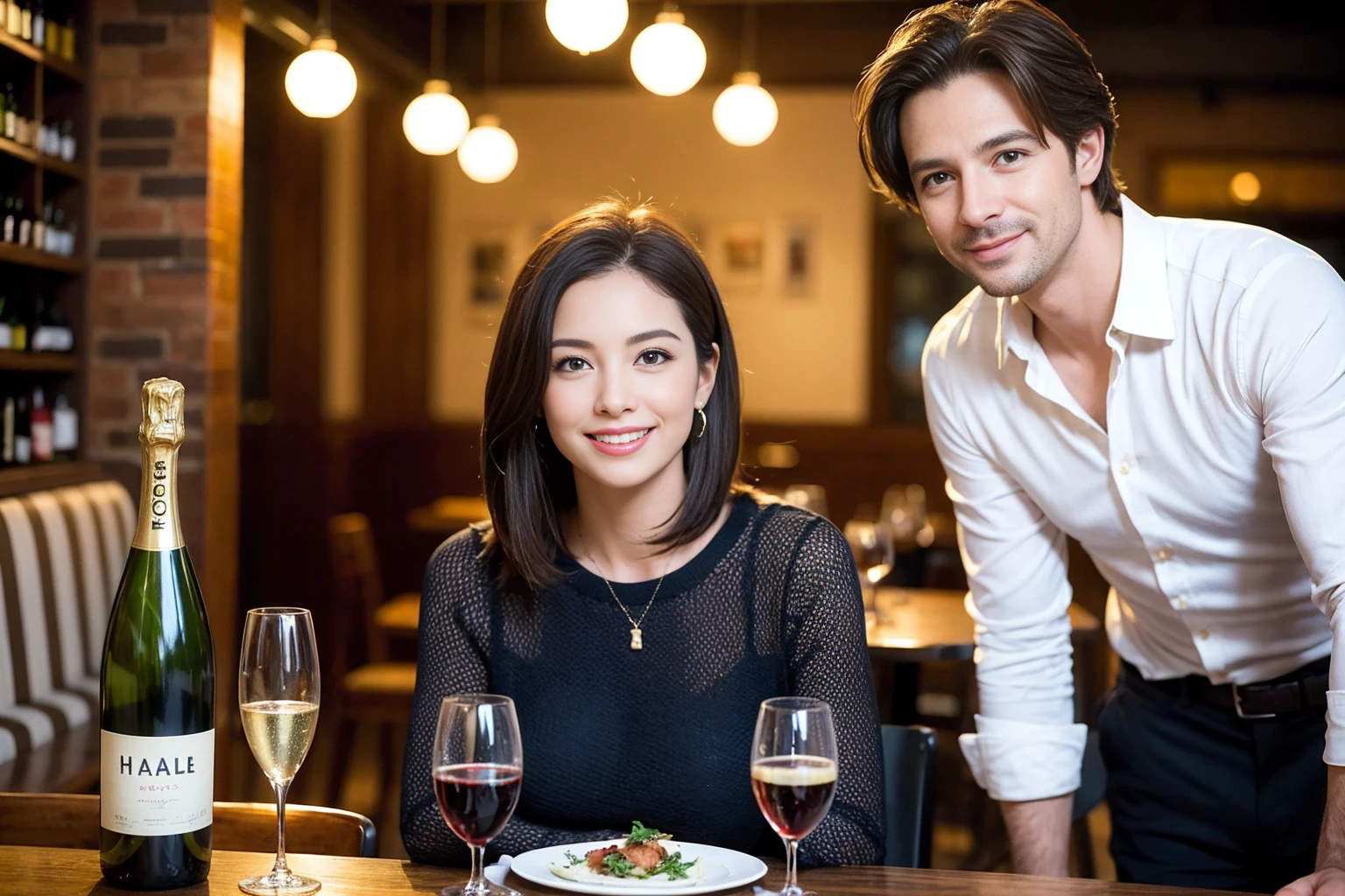 ((Highest quality、、masterpiece:1.3))、1 male、1 female、spouse、Beautiful couple、smile、full-course dinner、 (Slim face), (the body is スリム), (Brown Hair), (Shortcuts), ((Bob Hale、Straight hair:1.2)), テーブルの上のwine glass、Put the light on your face、 Amazing view of the sunset sky and clouds、smileの美しさ、Bright image、Blushing, Shortcuts, (43 years old), 39 years old, Appetizers、Italian food、Wine bottle、Champagne、sparkling wine、Long sleeve shirt、dress、Attractive beauty、restaurant, Nova Frog Style, actress, model, Upper Body, White wine, red wine, wine glass,