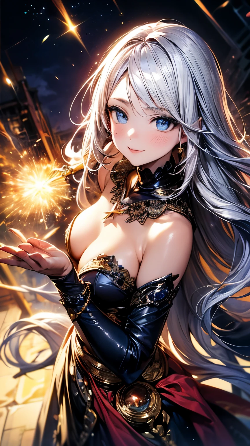 8K resolution, masterpiece, Highest quality, Award-winning works, unrealistic, From above, erotic, Only sexy women, healthy shaped body, 22 years old, Black Mage, Height: 165cm, Large, firm, swaying bust,, Silvery long wavy hair, Detailed facial depiction, break, Mysterious blue eyes, Standard nose, eyeliner, Pink Lips, Sexy long legs, Transparent muscle, holy knight, Gothic ruffle long dress, A dress with a complex structure, Seven colourful dresses, Clothed in flames, royal coat of arms, elegant, Very detailed, Delicate depiction of hair, Miniature Painting, Digital Painting, artステーションコンセプトart, Smooth, Sharp focus, shape, artジャム、Greg Rutkowski、Alphonse Mucha、William Adolphe Bouguereau、art:Stephanie Law , Royal Jewel, nature, Symmetric, Greg Rutkowski, Charlie Bowwater, unrealistic, Surreal, Dynamic Lighting, ファンタジーart, Complex colors, Colorful magic circle, flash, dynamic sexy pose, A kind smile, Mysterious Background, aura, A gentle gaze, break, Small faint lights and flying fireflies, night, lanthanum, 山の頂From above下界を見下ろす, Starry Sky, milky way, nebula, shooting star, A sacred staff that emits a brilliant light, Back view, Facing the camera