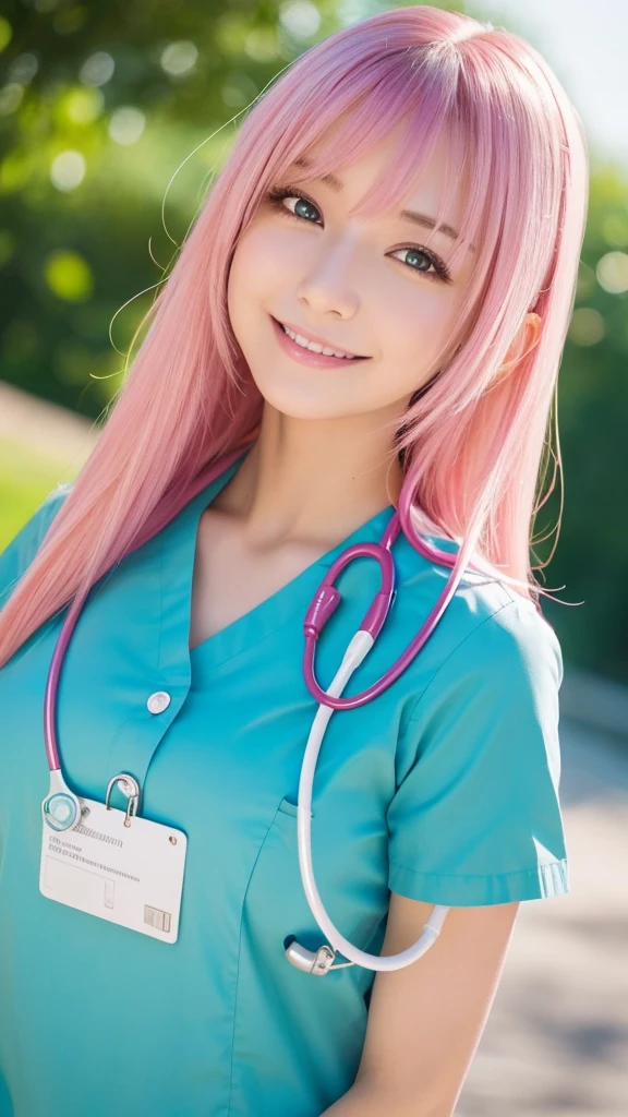 四つん這い, ベッドの上, Show me the cleavage, 体から上を写して, (photo Practical:1.4), (hyper Practical:1.4), (Practical:1.3), (Smoother lighting:1.05), (Improving the quality of film lighting:0.9)、Natural light、Professional photos, Practical portrait,(1 female), pink hair, Medium Length Hair, Beautiful face and eyes, very cute face, Smile, vitality, vitality, (Real short nurse uniform:1.2), light pink, White, (Chest Nurse:1.4), (Ward), stethoscope, White Wallpaper, Sexy girl portrait, (view from below:1.2)
, One Girl, hoshino (Blue Archive), alone, Heterochromia of the iris, Long Hair, Ahoge, hello, valley, Big Breasts,Show Viewer, ID card, Open your mouth, very Long Hair, smile, bangs, blush, Hair between the eyes, High resolution,masterpiece, Highest quality,Adjust the proportions of your fingers