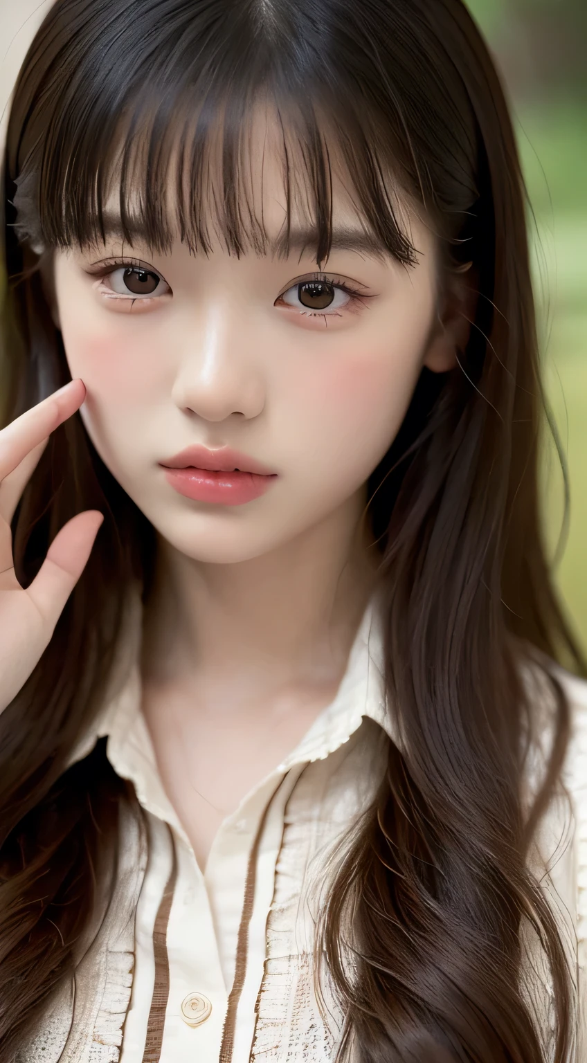 1 girl, (Full body), Unknown , detailed  clothes, (delicate illustration:1.4),(masutepiece:1.0), (Best Quality:1.4), (超A high resolution:1.2), (Photorealistic:1.4), (8K, Raw photo:1.2), (Soft Focus:1.4), (18year old:1.3), (Sharp Focus:1.4), (Renaissance art:1.4), Detailed beautiful face, (Blouse with white collar), Holding an amaryllis flower with both hands