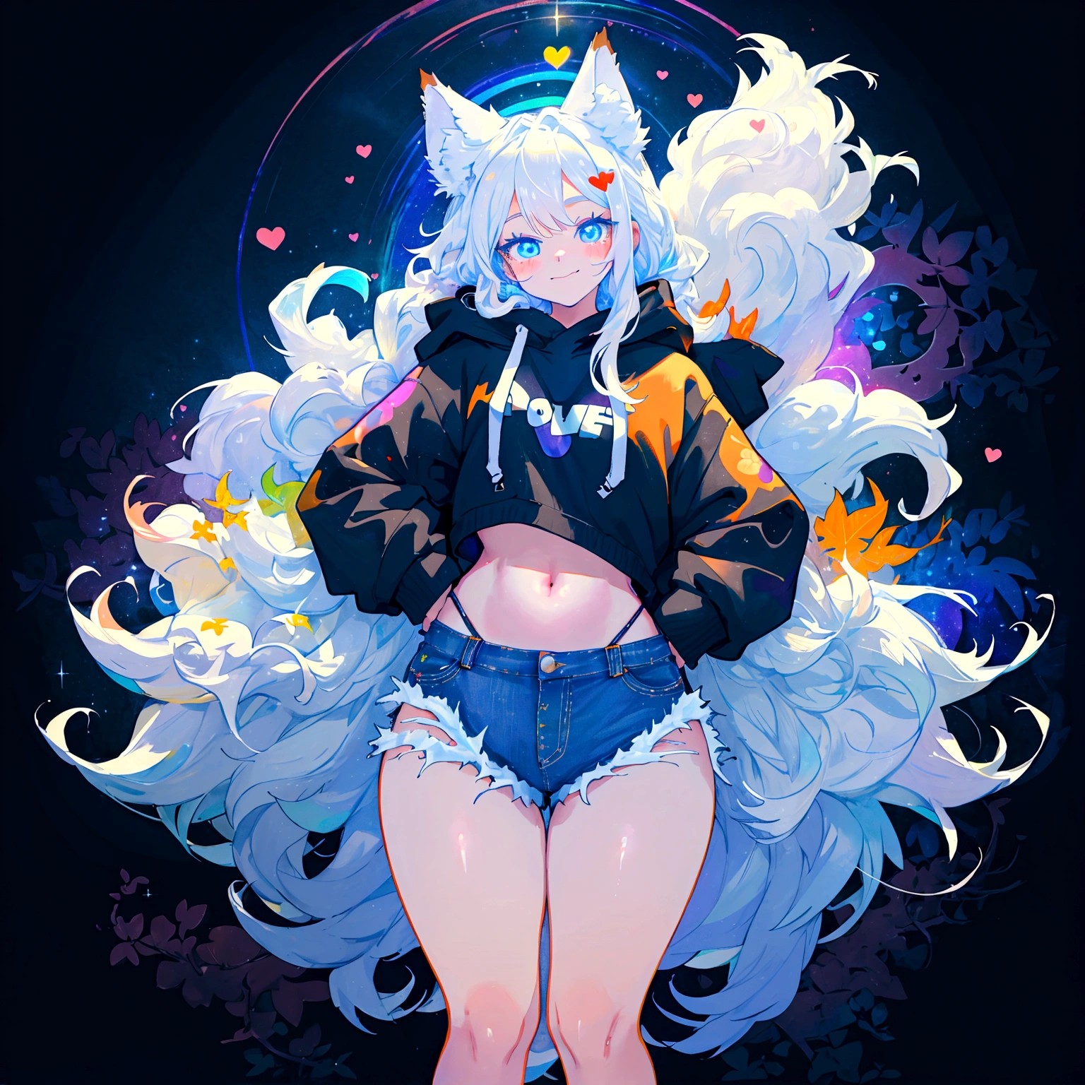 a cute adult male with wolf ears, long white hair, long locks, has a wolf tail, wearing a loose cropped black hoodie, wearing a pair of denim short shorts and fishnet stockings, thick thighs, wide hips, short, very slim, showing slender tummy, heart on hoodie, squishy thighs, has glowing blue eyes. alone, solo (ALONE)(SOLO), surrounded by rainbows, colorful galaxy backround, smiling, ontop of a pile of fluffy plushes, plushies everywhere, kawaii plushies, surrounded by bubbles, surrounded by rainbow leaves, standing up dancing, thicc thighs