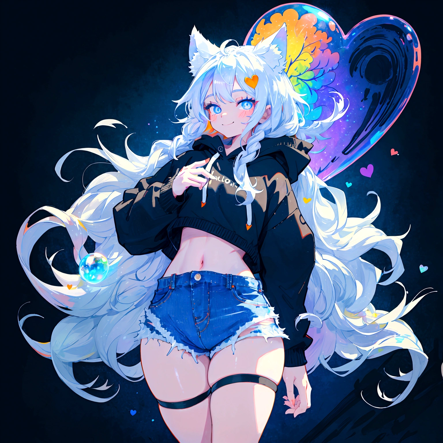 a cute adult male with wolf ears, long white hair, long locks, has a wolf tail, wearing a loose cropped black hoodie, wearing a pair of denim short shorts and fishnet stockings, thick thighs, wide hips, short, very slim, showing slender tummy, heart on hoodie, squishy thighs, has glowing blue eyes. alone, solo (ALONE)(SOLO), surrounded by rainbows, colorful galaxy backround, smiling, ontop of a pile of fluffy plushes, plushies everywhere, kawaii plushies, surrounded by bubbles, surrounded by rainbow leaves, standing up dancing, thicc thighs