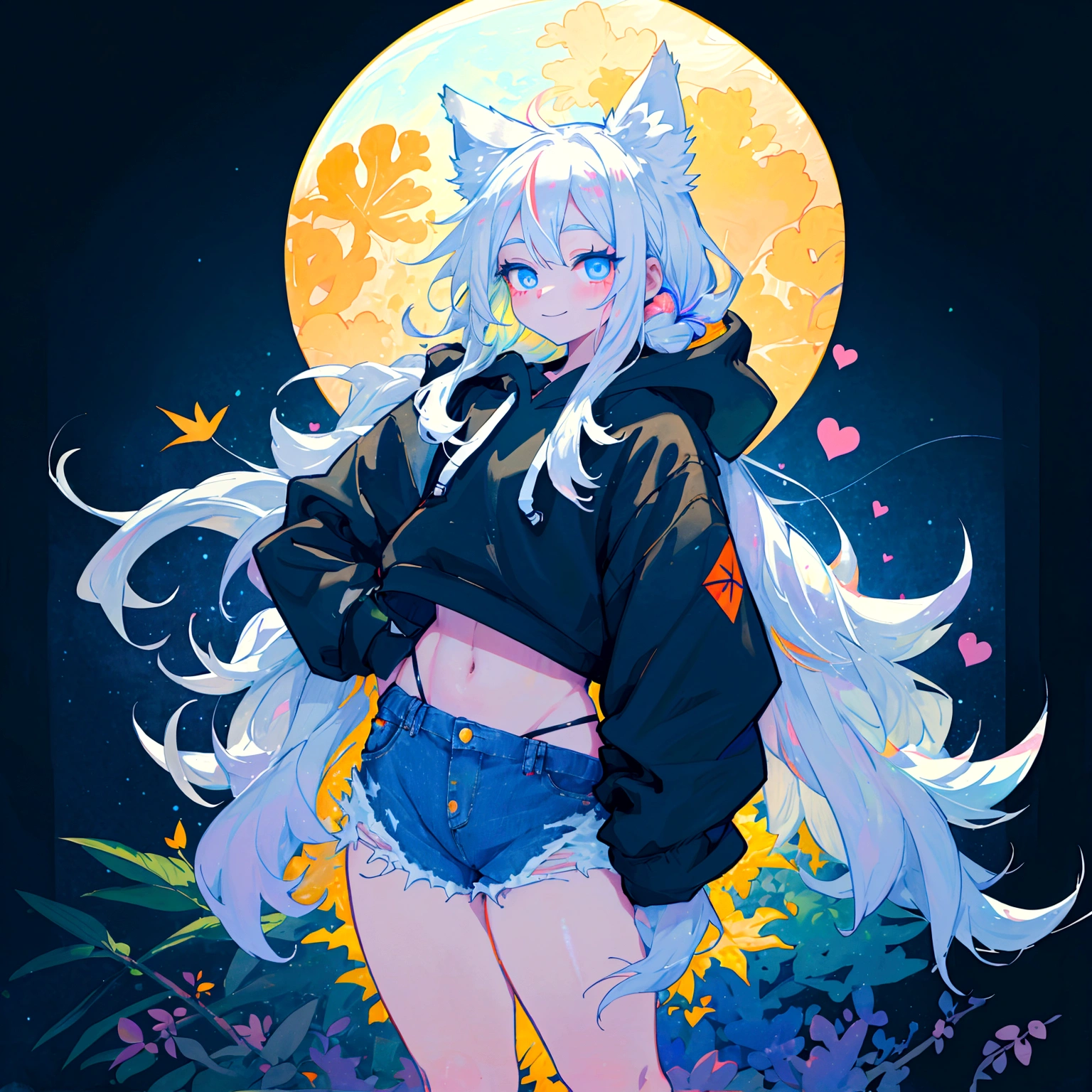 a cute adult male with wolf ears, long white hair, long locks, has a wolf tail, wearing a loose cropped black hoodie, wearing a pair of denim short shorts and fishnet stockings, thick thighs, wide hips, short, very slim, showing slender tummy, heart on hoodie, squishy thighs, has glowing blue eyes. alone, solo (ALONE)(SOLO), surrounded by rainbows, colorful galaxy backround, smiling, ontop of a pile of fluffy plushes, plushies everywhere, kawaii plushies, surrounded by bubbles, surrounded by rainbow leaves, standing up dancing, thicc thighs