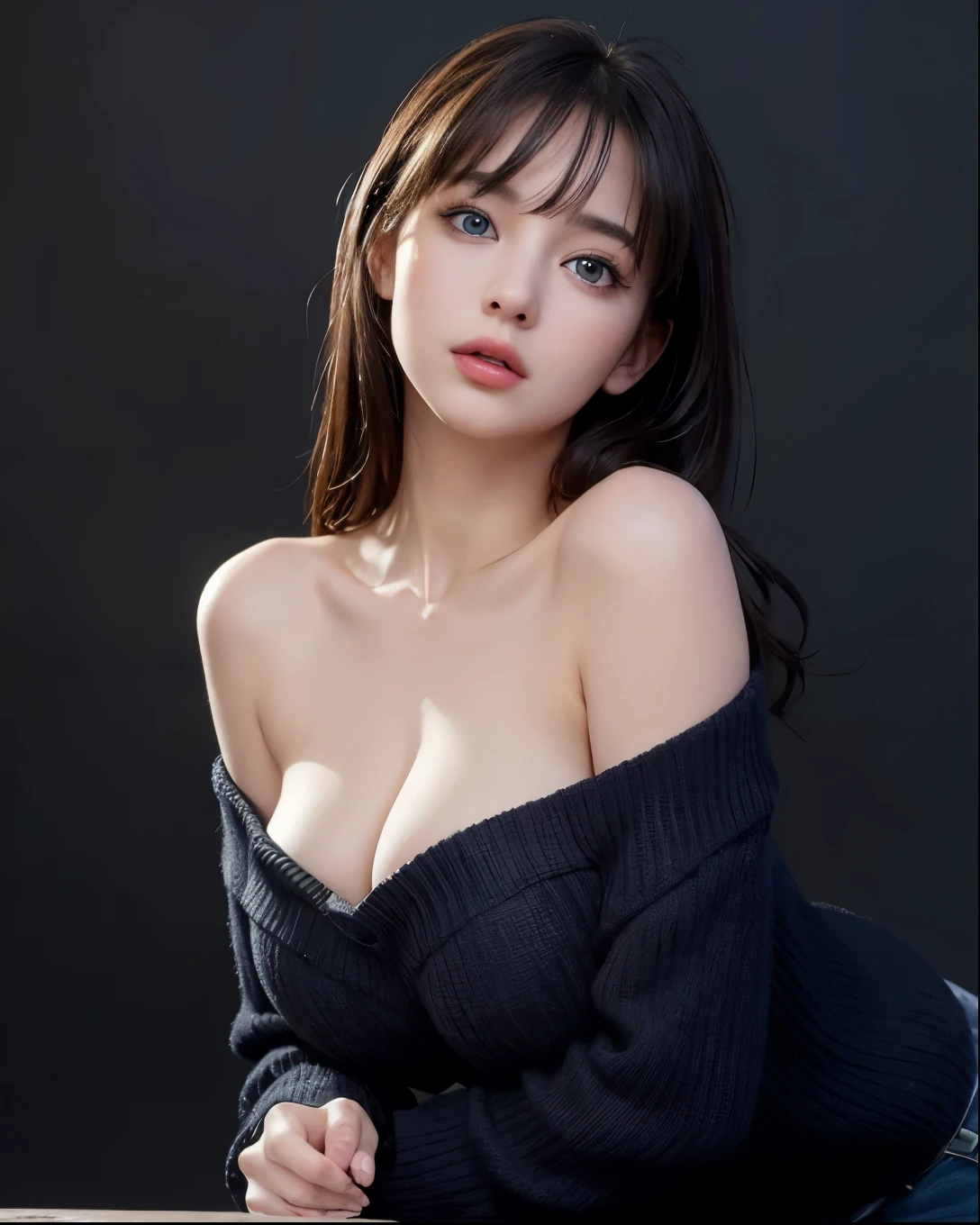 Masterpiece, Best Quality, High Definition Photorealistic, Glossy skin, Bangs, big boob, open mouse, Exposed cleavage, tall body, blue Eyes,, ((Dark background)), looking at viewer, off shoulder, black sweater,