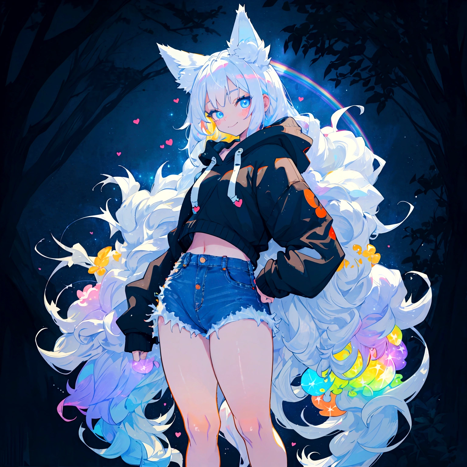 a cute adult male with wolf ears, long white hair, long locks, has a wolf tail, wearing a loose cropped black hoodie, wearing a pair of denim short shorts and fishnet stockings, thick thighs, wide hips, short, very slim, showing slender tummy, heart on hoodie, squishy thighs, has glowing blue eyes. alone, solo (ALONE)(SOLO), surrounded by rainbows, colorful galaxy backround, smiling, ontop of a pile of fluffy plushes, plushies everywhere, kawaii plushies, surrounded by bubbles, surrounded by rainbow leaves, standing up dancing, thicc thighs