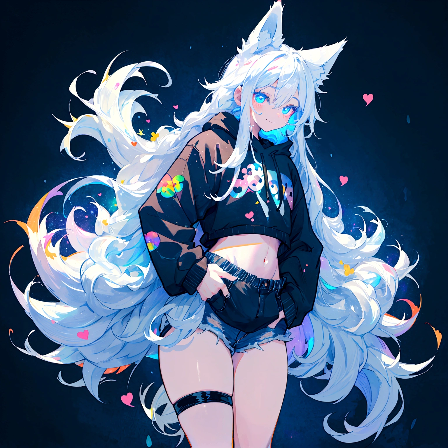 a cute adult male with wolf ears, long white hair, long locks, has a wolf tail, wearing a loose cropped black hoodie, wearing a pair of denim short shorts and fishnet stockings, thick thighs, wide hips, short, very slim, showing slender tummy, heart on hoodie, squishy thighs, has glowing blue eyes. alone, solo (ALONE)(SOLO), surrounded by rainbows, colorful galaxy backround, smiling, ontop of a pile of fluffy plushes, plushies everywhere, kawaii plushies, surrounded by bubbles, surrounded by rainbow leaves, standing up dancing, thicc thighs