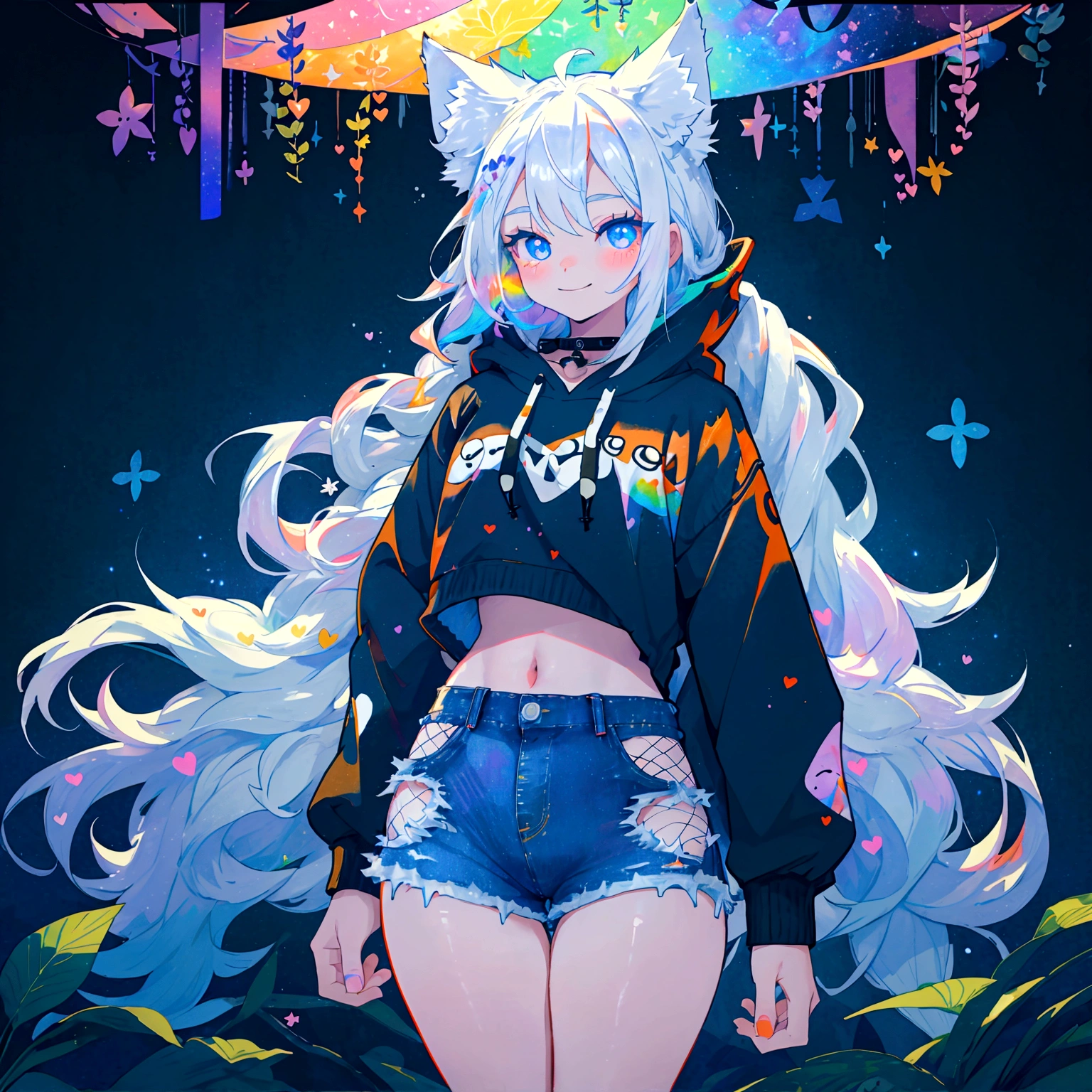 a cute adult male with wolf ears, long white hair, long locks, has a wolf tail, wearing a loose cropped black hoodie, wearing a pair of denim short shorts and fishnet stockings, thick thighs, wide hips, short, very slim, showing slender tummy, heart on hoodie, squishy thighs, has glowing blue eyes. alone, solo (ALONE)(SOLO), surrounded by rainbows, colorful galaxy backround, smiling, ontop of a pile of fluffy plushes, plushies everywhere, kawaii plushies, surrounded by bubbles, surrounded by rainbow leaves, standing up dancing, thicc thighs