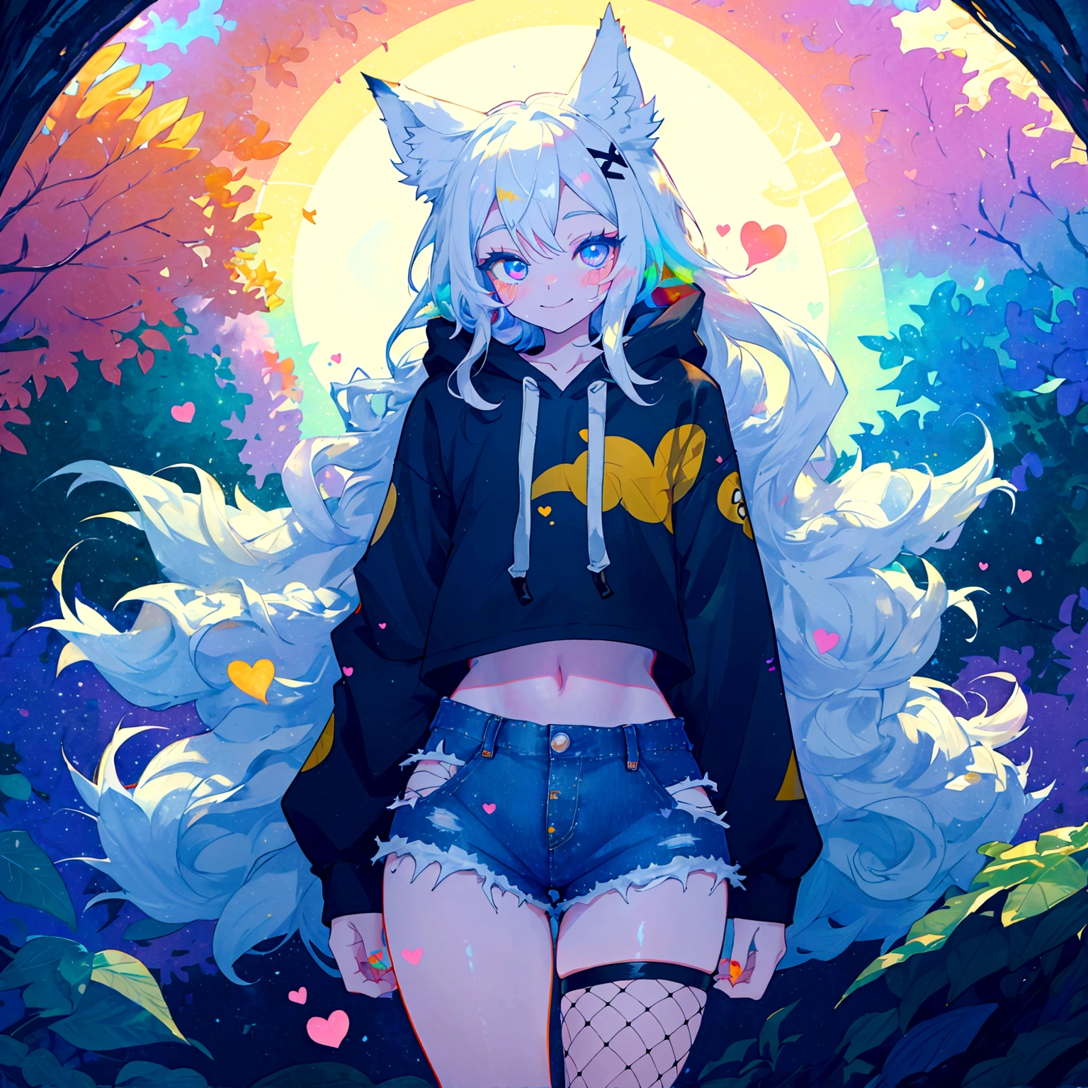 a cute adult male with wolf ears, long white hair, long locks, has a wolf tail, wearing a loose cropped black hoodie, wearing a pair of denim short shorts and fishnet stockings, thick thighs, wide hips, short, very slim, showing slender tummy, heart on hoodie, squishy thighs, has glowing blue eyes. alone, solo (ALONE)(SOLO), surrounded by rainbows, colorful galaxy backround, smiling, ontop of a pile of fluffy plushes, plushies everywhere, kawaii plushies, surrounded by bubbles, surrounded by rainbow leaves, standing up dancing, thicc thighs