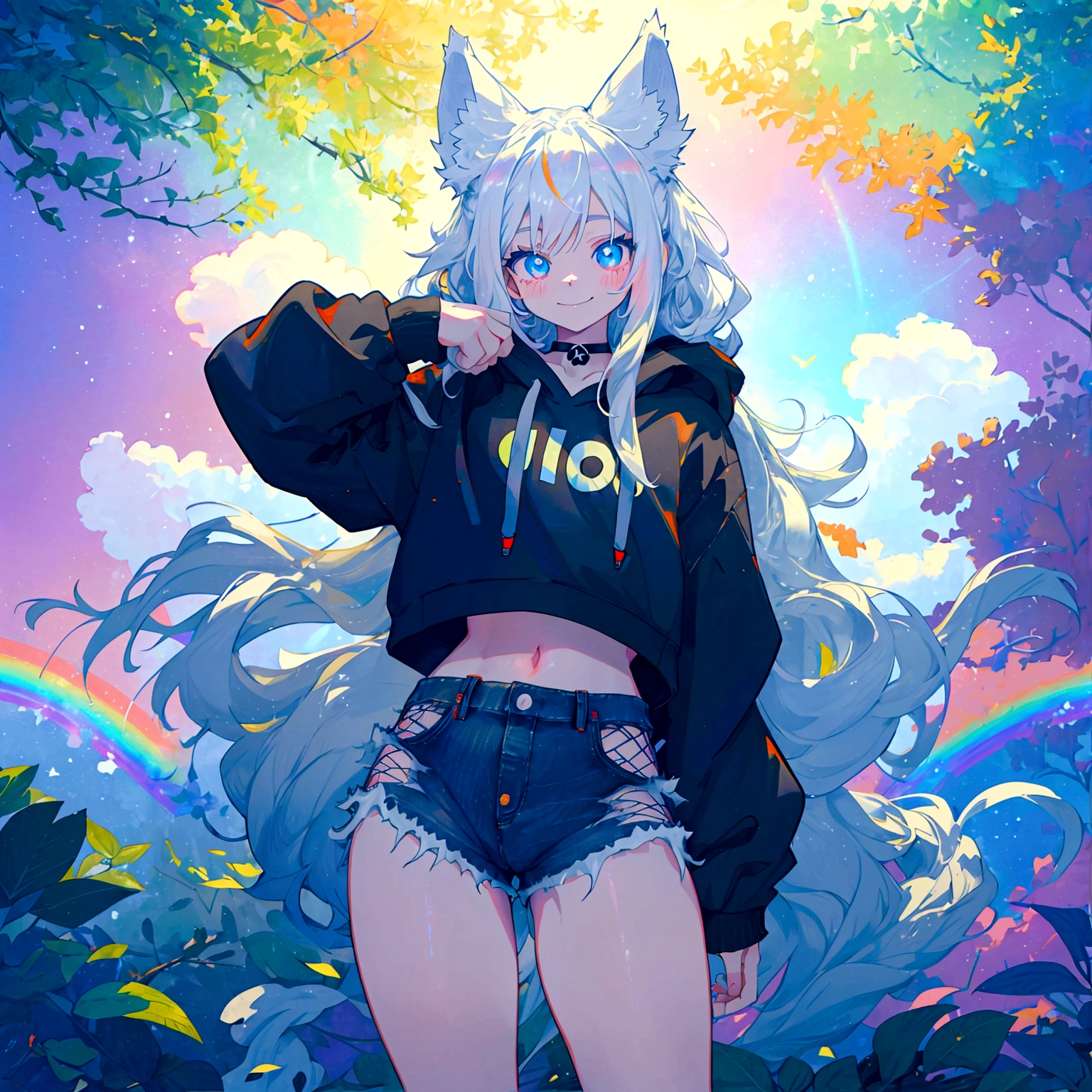 a cute adult male with wolf ears, long white hair, long locks, has a wolf tail, wearing a loose cropped black hoodie, wearing a pair of denim short shorts and fishnet stockings, thick thighs, wide hips, short, very slim, showing slender tummy, heart on hoodie, squishy thighs, has glowing blue eyes. alone, solo (ALONE)(SOLO), surrounded by rainbows, colorful galaxy backround, smiling, ontop of a pile of fluffy plushes, plushies everywhere, kawaii plushies, surrounded by bubbles, surrounded by rainbow leaves, standing up dancing, thicc thighs