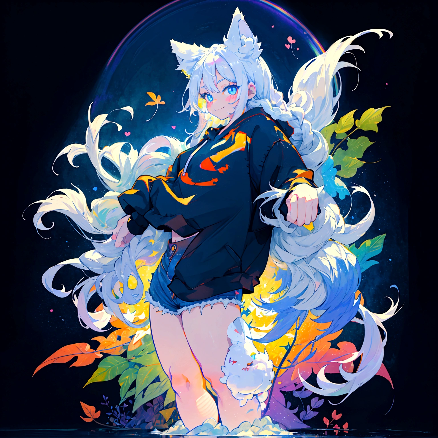 a cute adult male with wolf ears, long white hair, long locks, has a wolf tail, wearing a loose cropped black hoodie, wearing a pair of denim short shorts and fishnet stockings, thick thighs, wide hips, short, very slim, showing slender tummy, heart on hoodie, squishy thighs, has glowing blue eyes. alone, solo (ALONE)(SOLO), surrounded by rainbows, colorful galaxy backround, smiling, ontop of a pile of fluffy plushes, plushies everywhere, kawaii plushies, surrounded by bubbles, surrounded by rainbow leaves, standing up dancing, thicc thighs