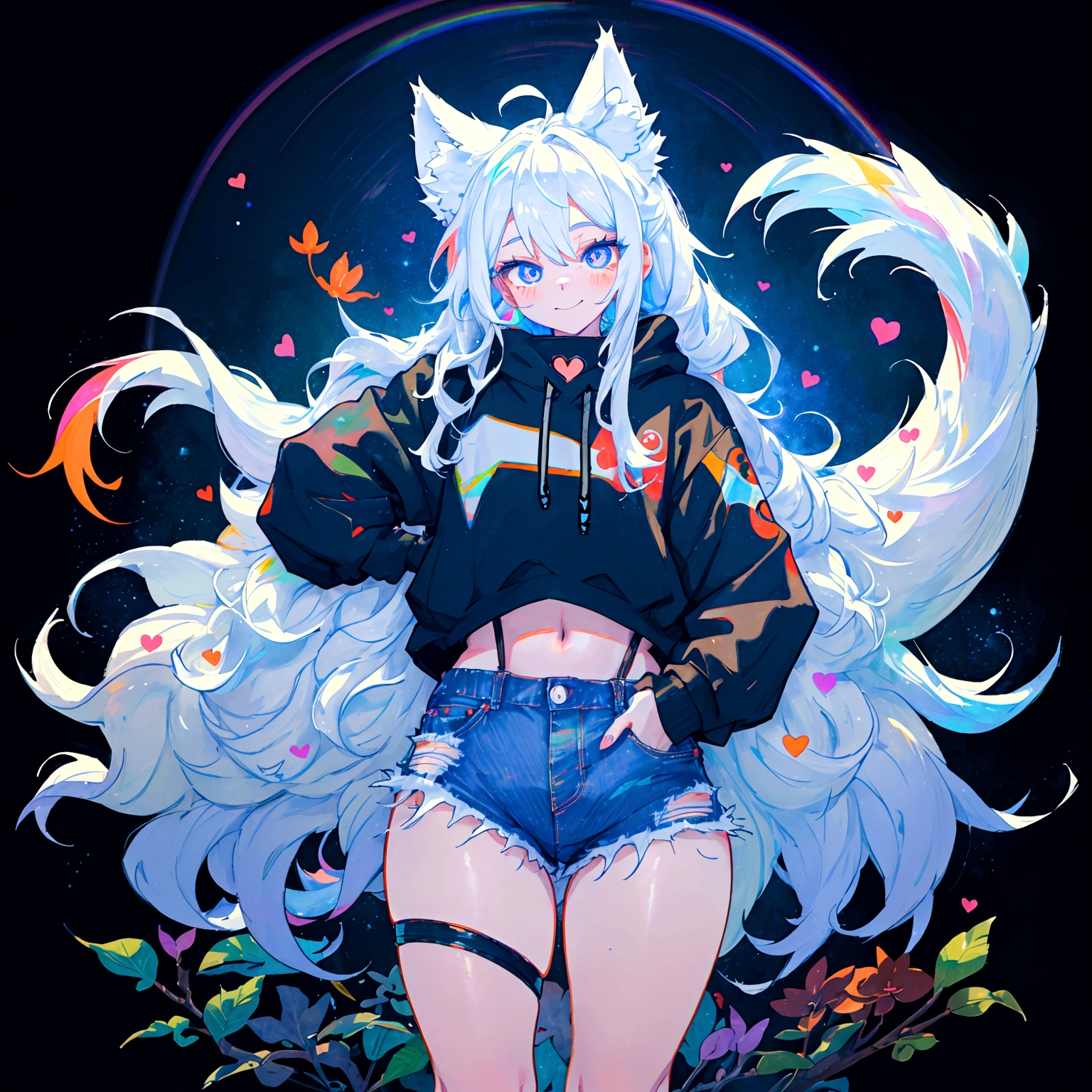 a cute adult male with wolf ears, long white hair, long locks, has a wolf tail, wearing a loose cropped black hoodie, wearing a pair of denim short shorts and fishnet stockings, thick thighs, wide hips, short, very slim, showing slender tummy, heart on hoodie, squishy thighs, has glowing blue eyes. alone, solo (ALONE)(SOLO), surrounded by rainbows, colorful galaxy backround, smiling, ontop of a pile of fluffy plushes, plushies everywhere, kawaii plushies, surrounded by bubbles, surrounded by rainbow leaves, standing up dancing, thicc thighs